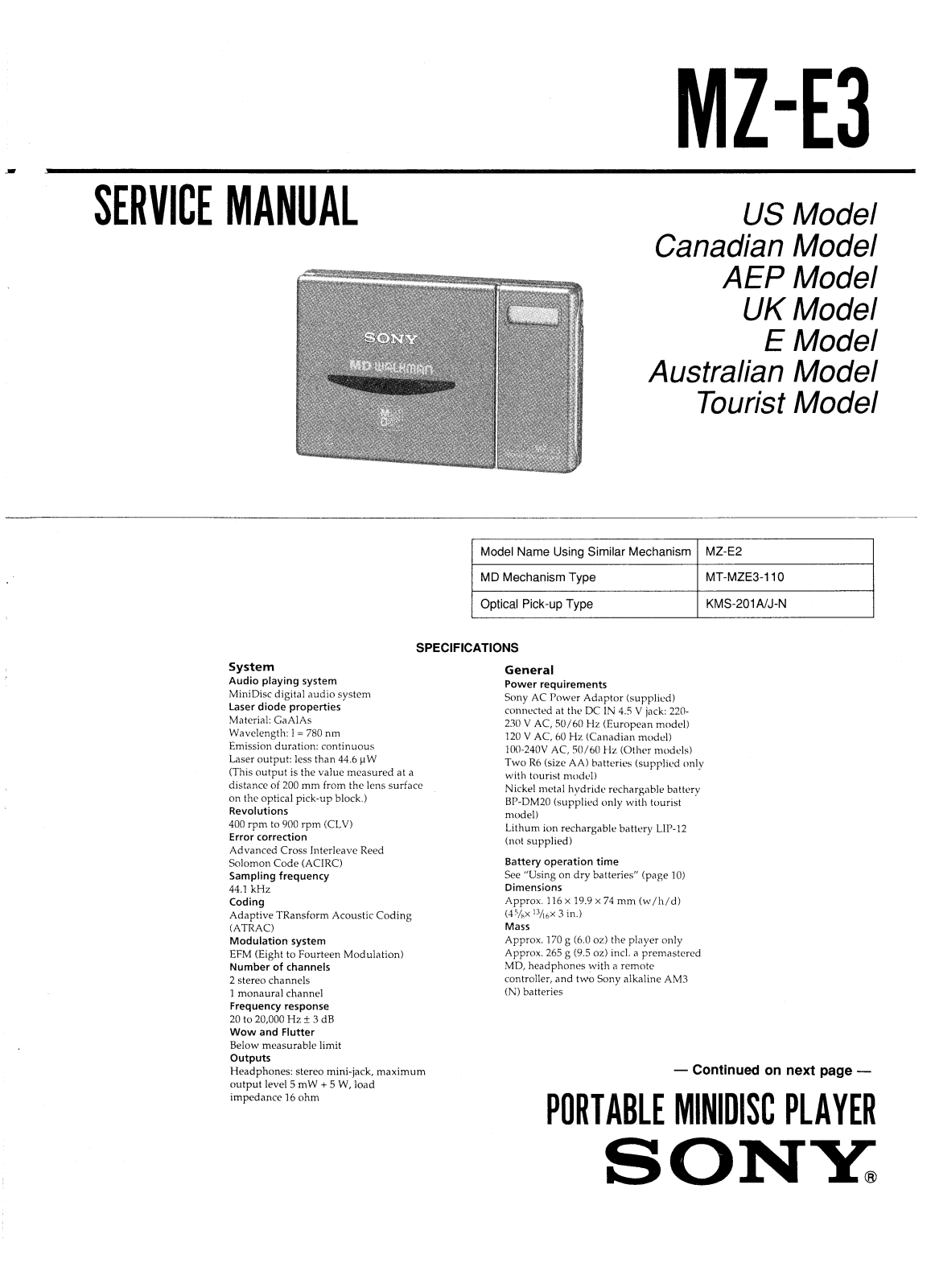 Sony MZE-3 Service manual