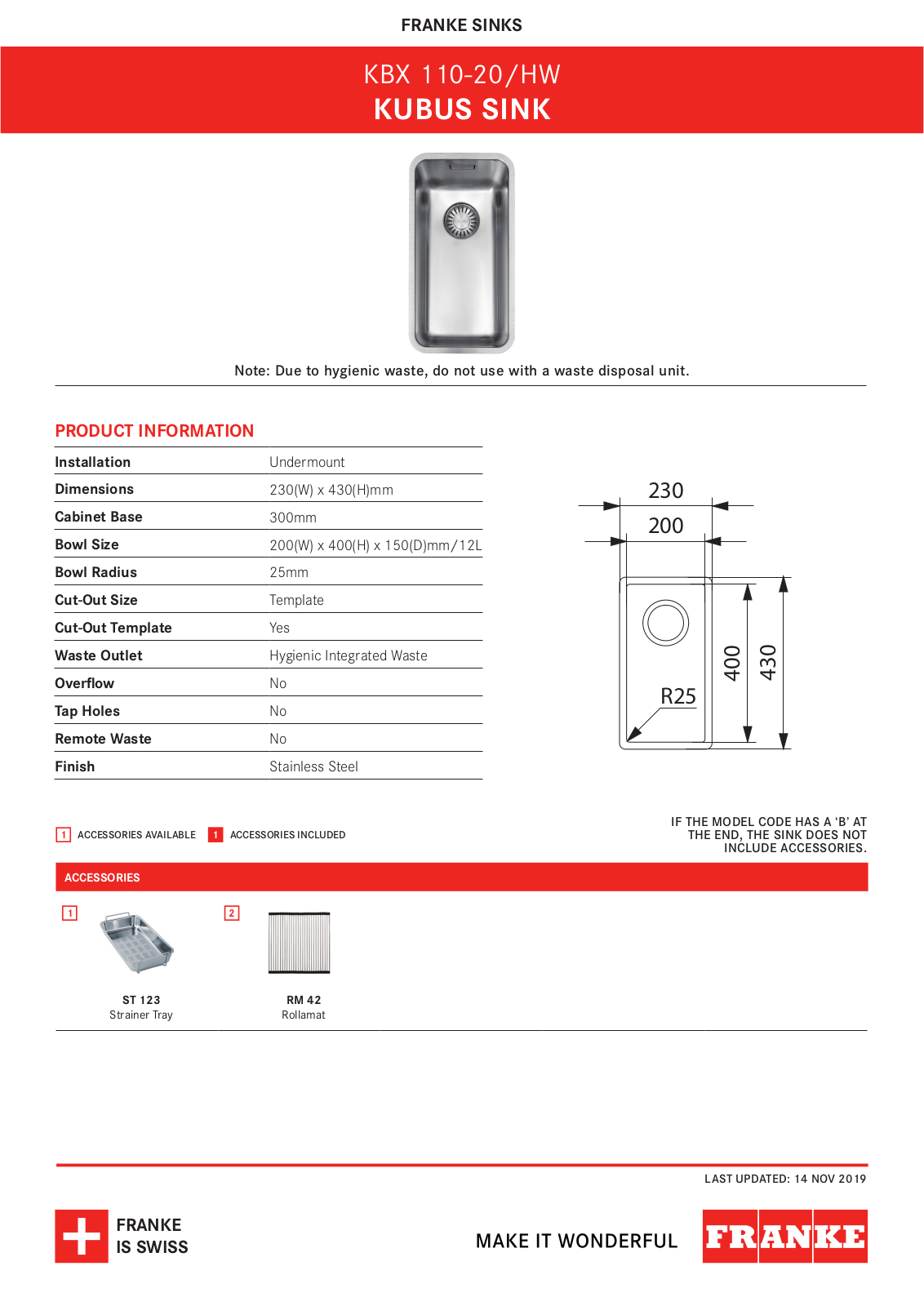 Franke KBX110-20HW Specifications Sheet