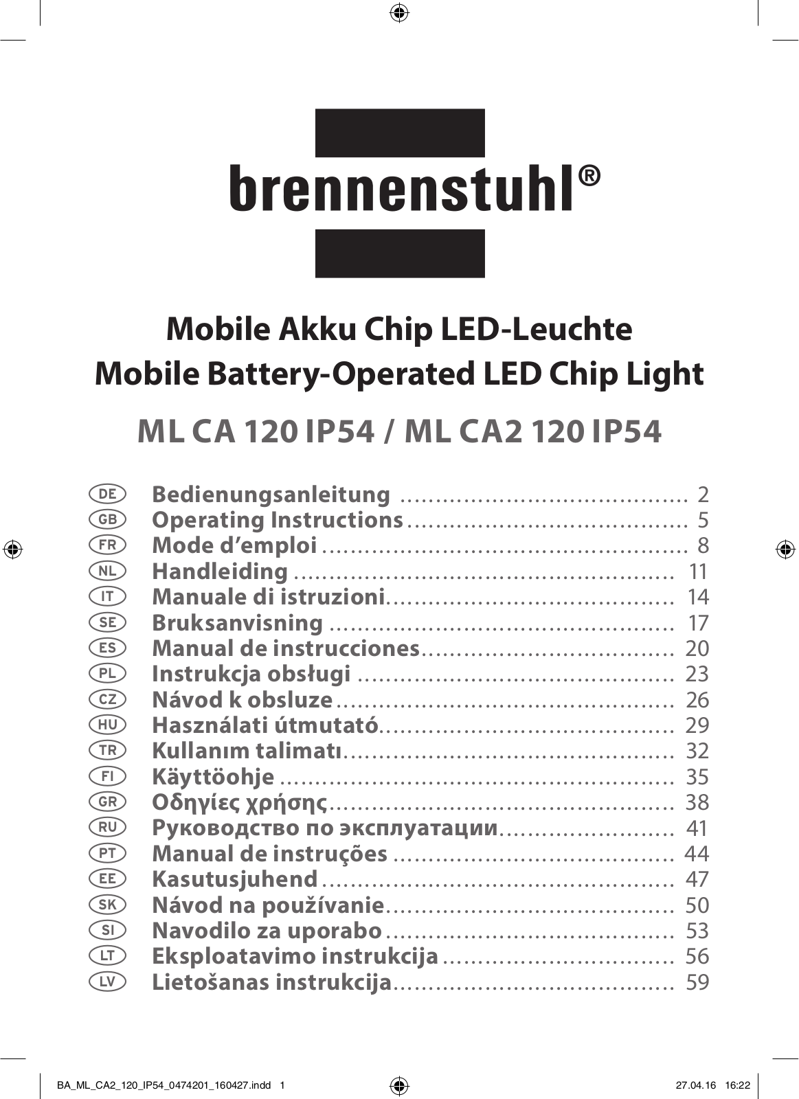 Brennenstuhl ML CA 120 IP54, ML CA2 120 IP54 Operating Instructions