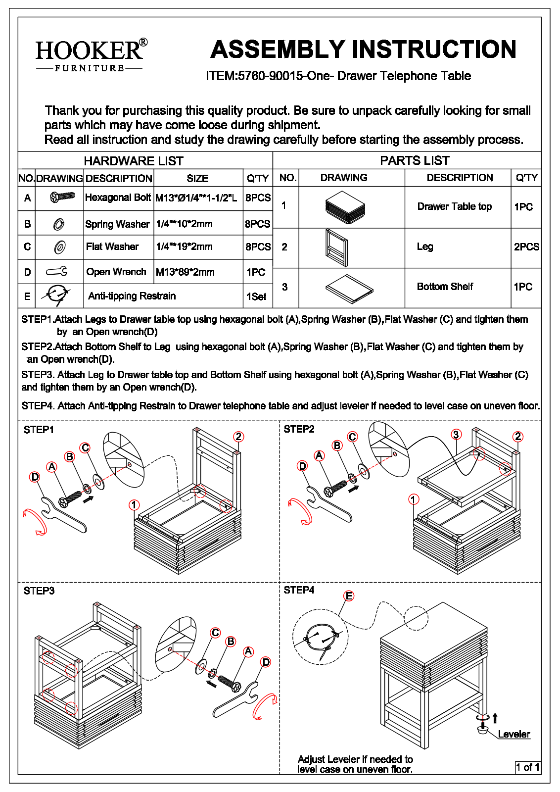 Hooker Furniture 57609001580 Assembly Guide