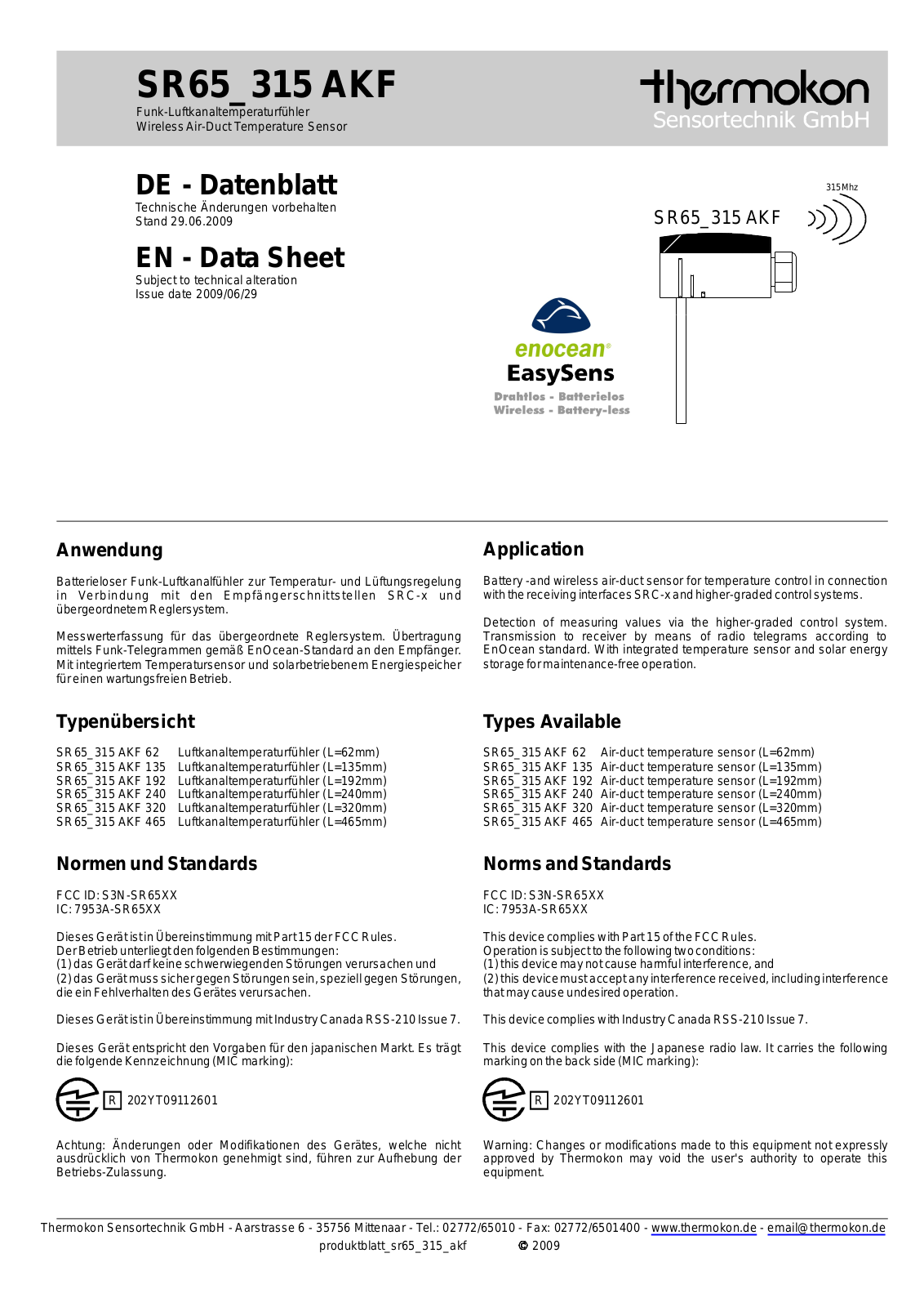 Johnson Controls SR65_315 AKF Data Sheet