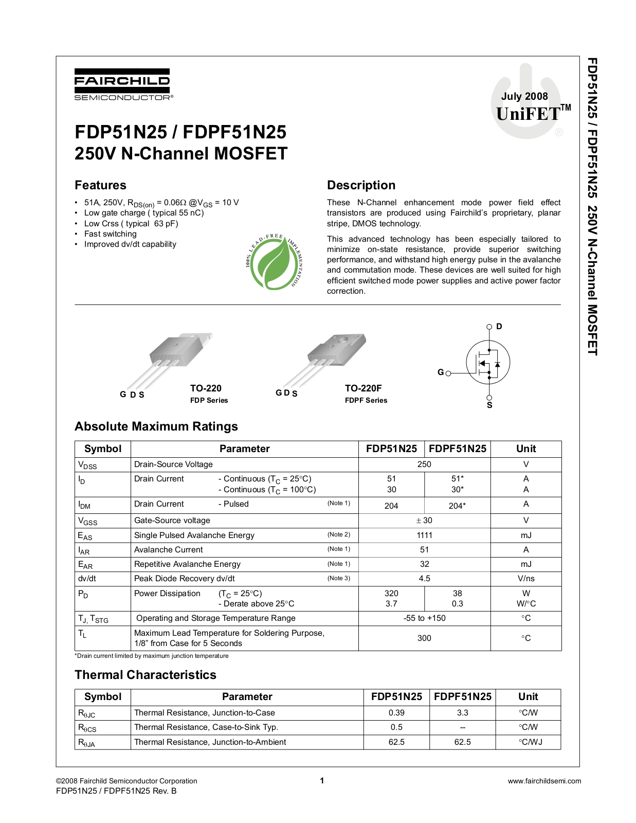 Fairchild FDP51N25, FDPF51N25 service manual