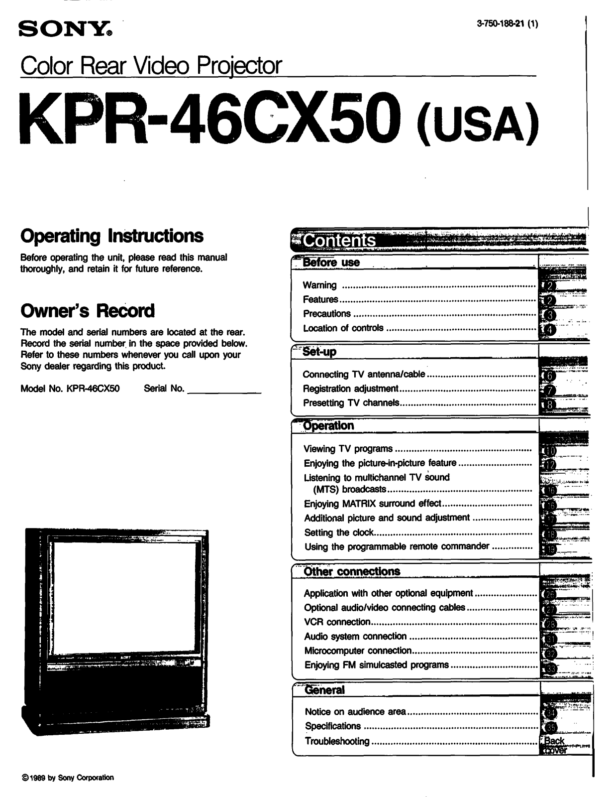 Sony KP-R46CX50 Operating Manual