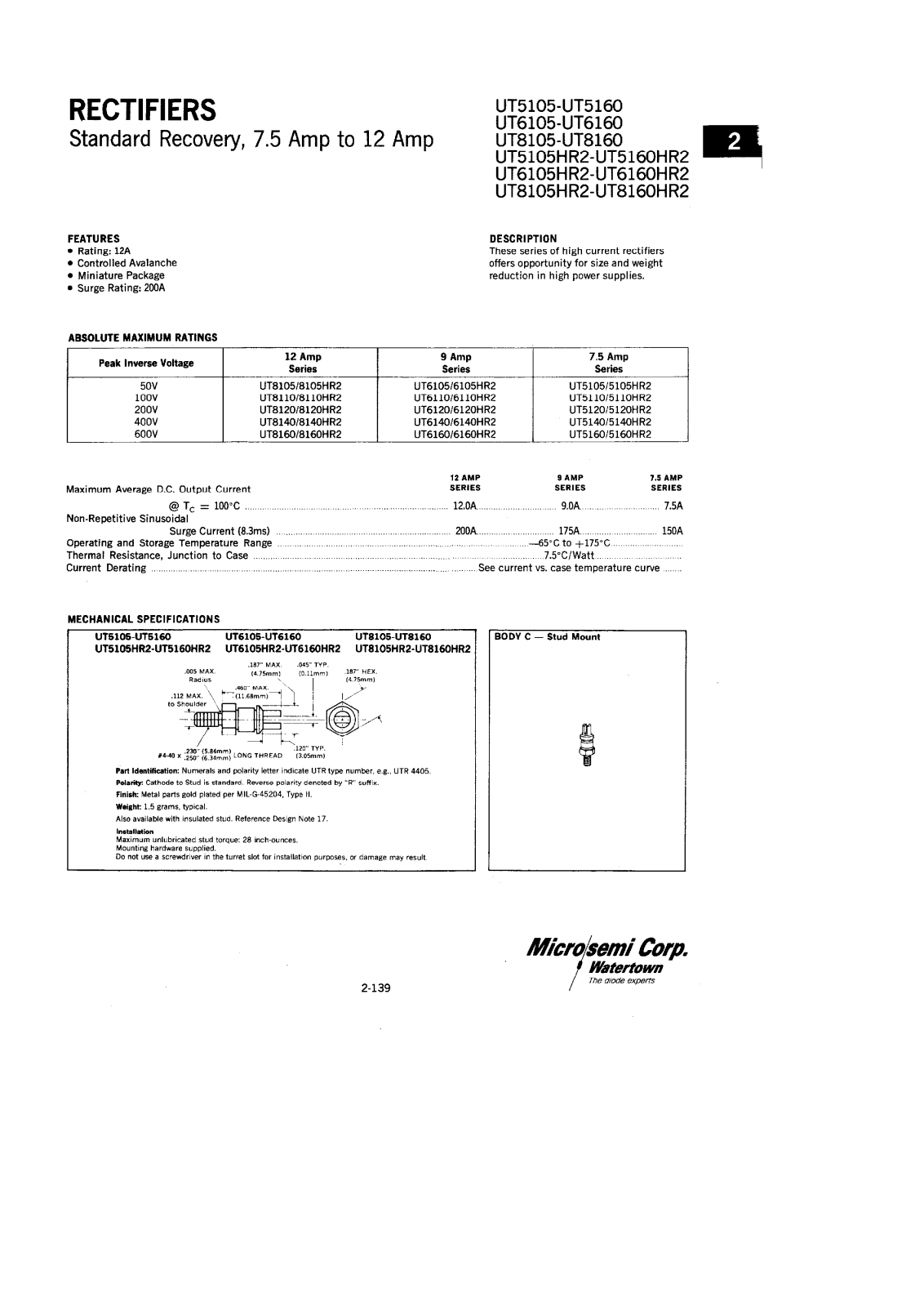 Microsemi UT8160, UT8140, UT8130, UT8120, UT8110 Datasheet