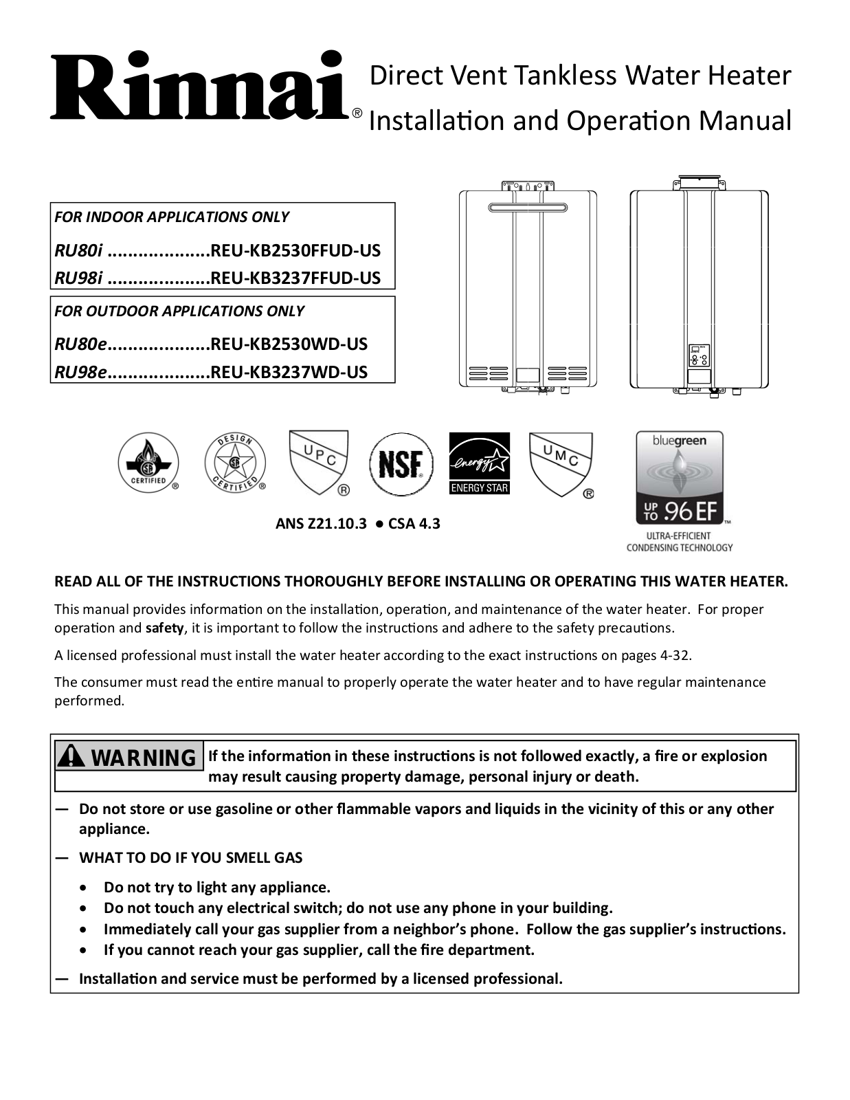 Rinnai Rice Cooker RU98i (REU‐KB3237FFUD‐US), RU80e (REU‐KB2530WD‐US), RU98e (REU‐KB3237WD‐US) Installation  Manual