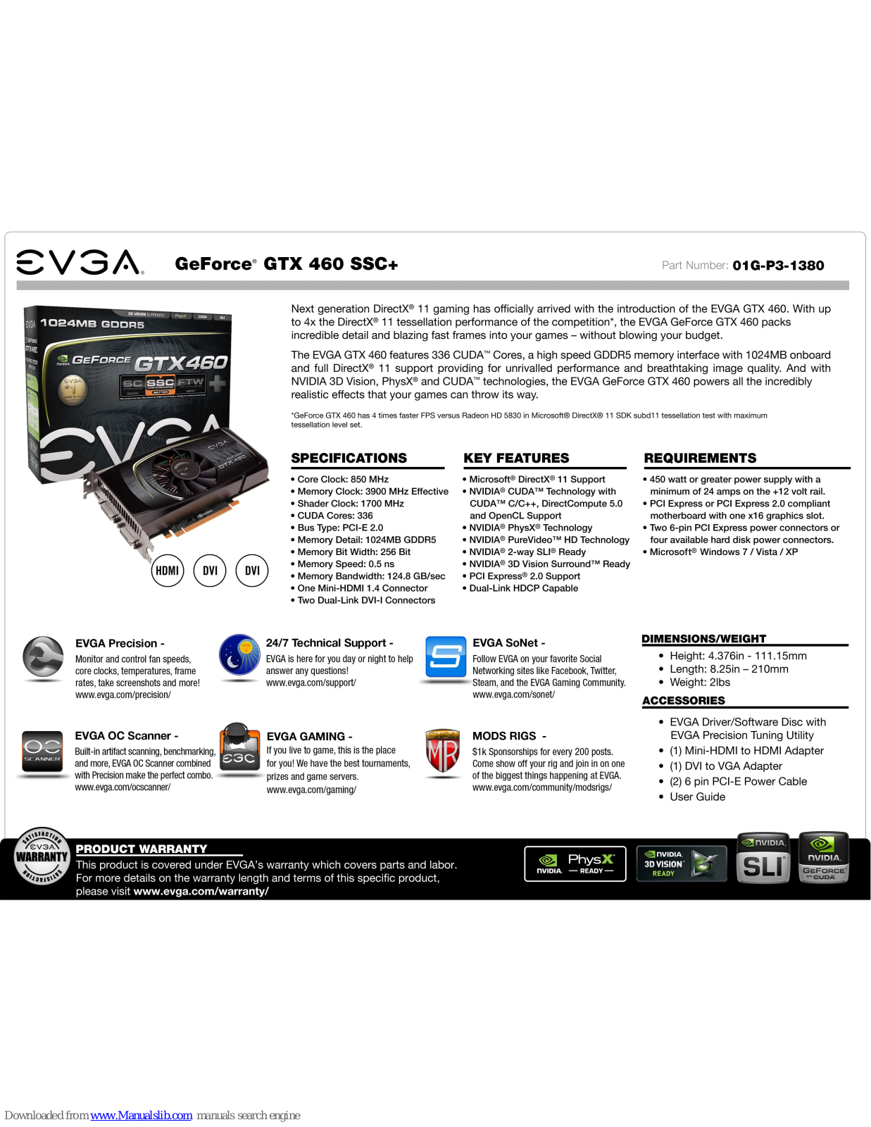 EVGA GeForce GTX 460 SSC w/ Backplate, GeForce GTX 460 SSC+, 01G-P3-1380 Specification - ManualMachine.com