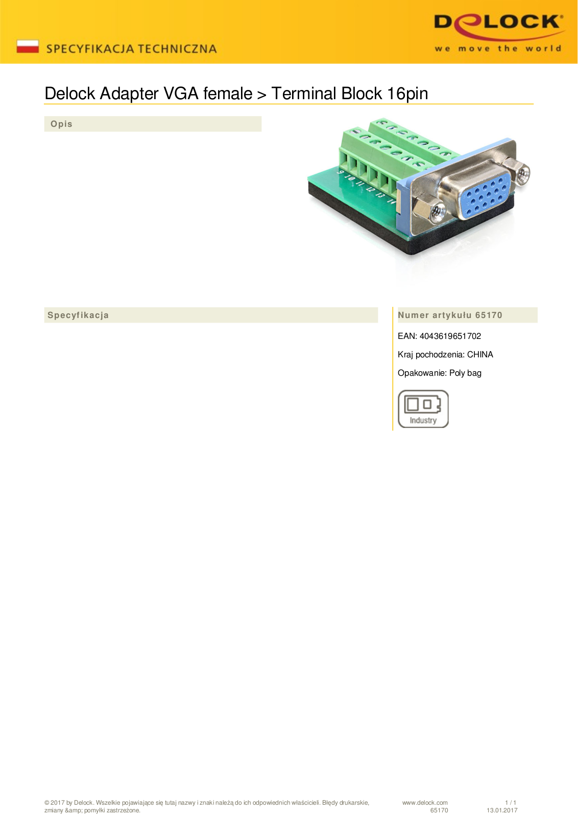 DeLOCK VGA  socket  on 16-Pin-Terminalblock adapter User Manual