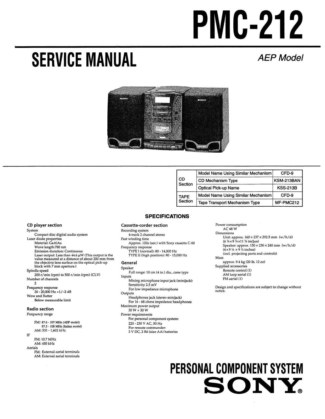 Sony PMC-212 Service manual
