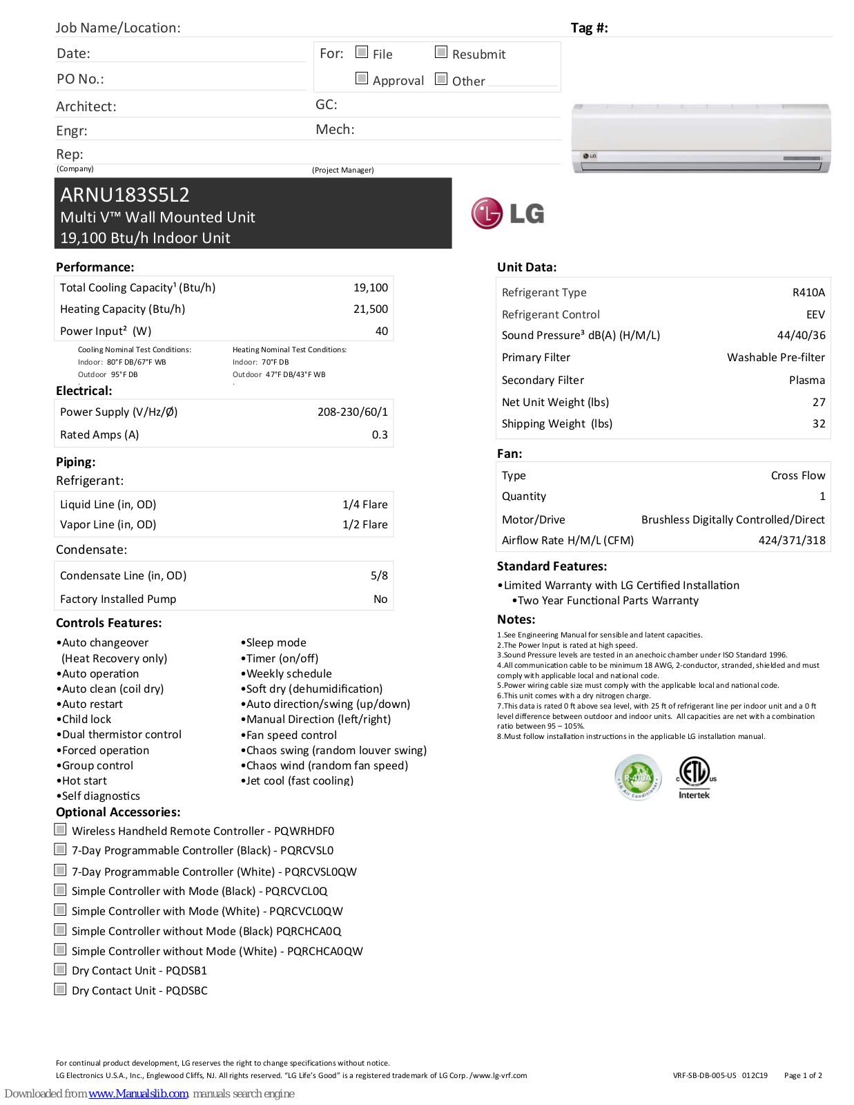 LG ARNU183S5L2 Quick Manual