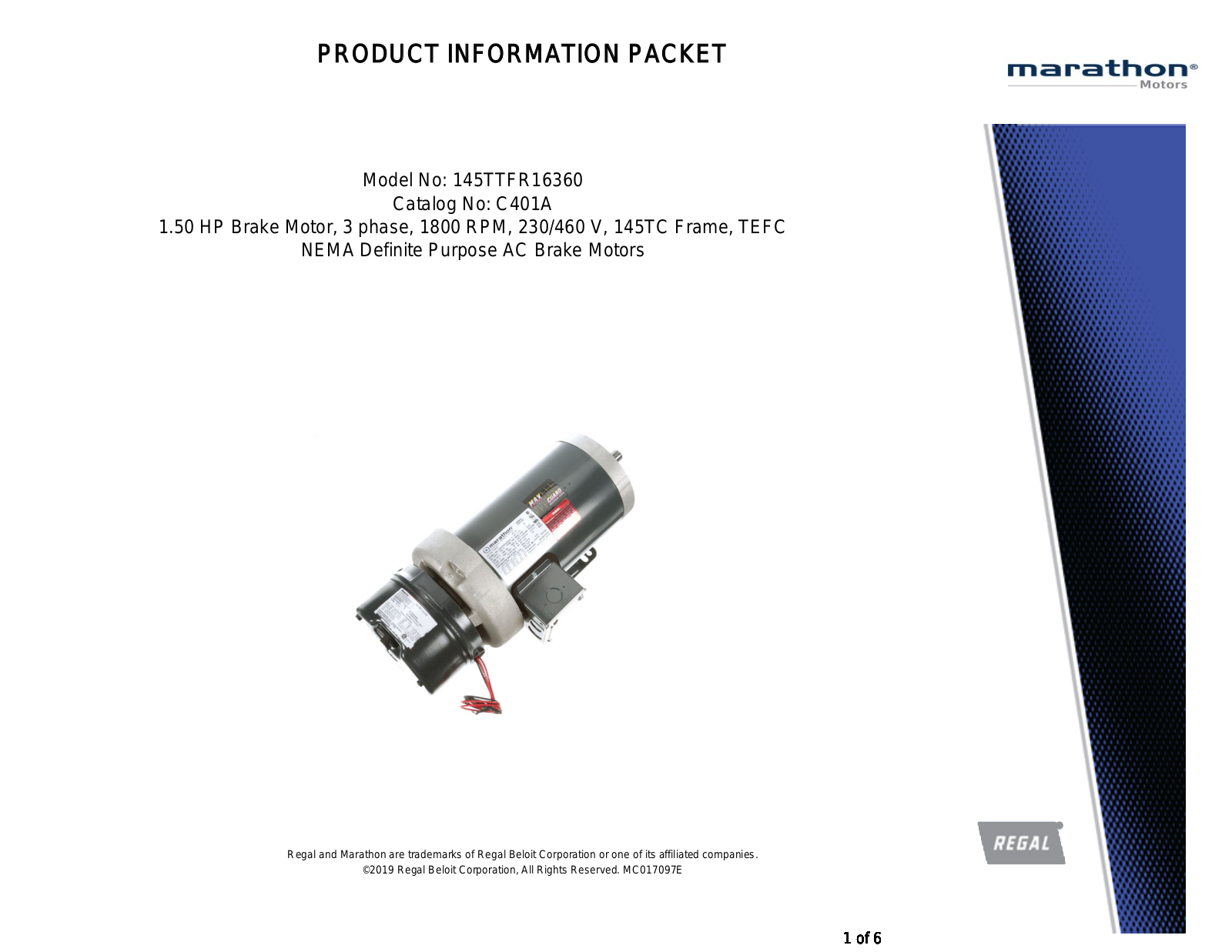 Marathon Electric 145TTFR16360 Product Information Packet