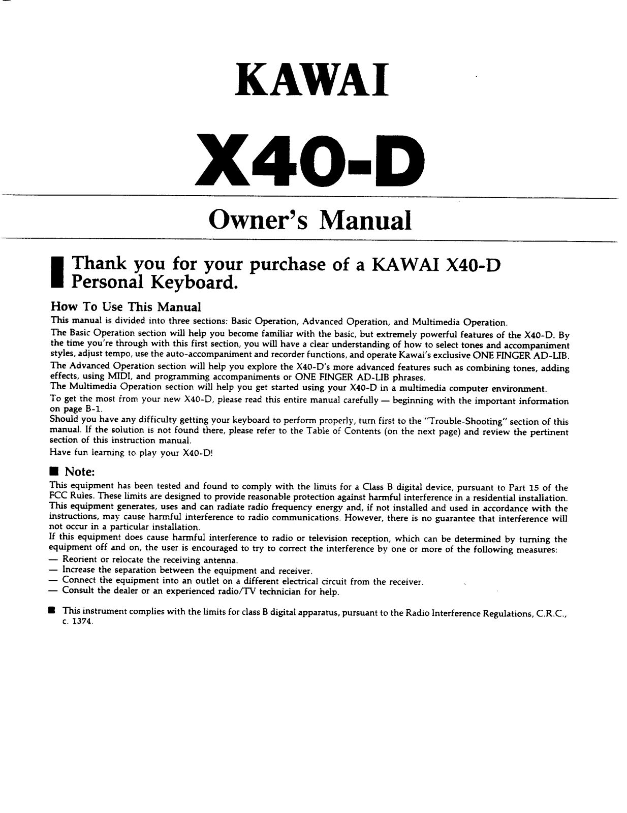 Kawai X40-D User Manual