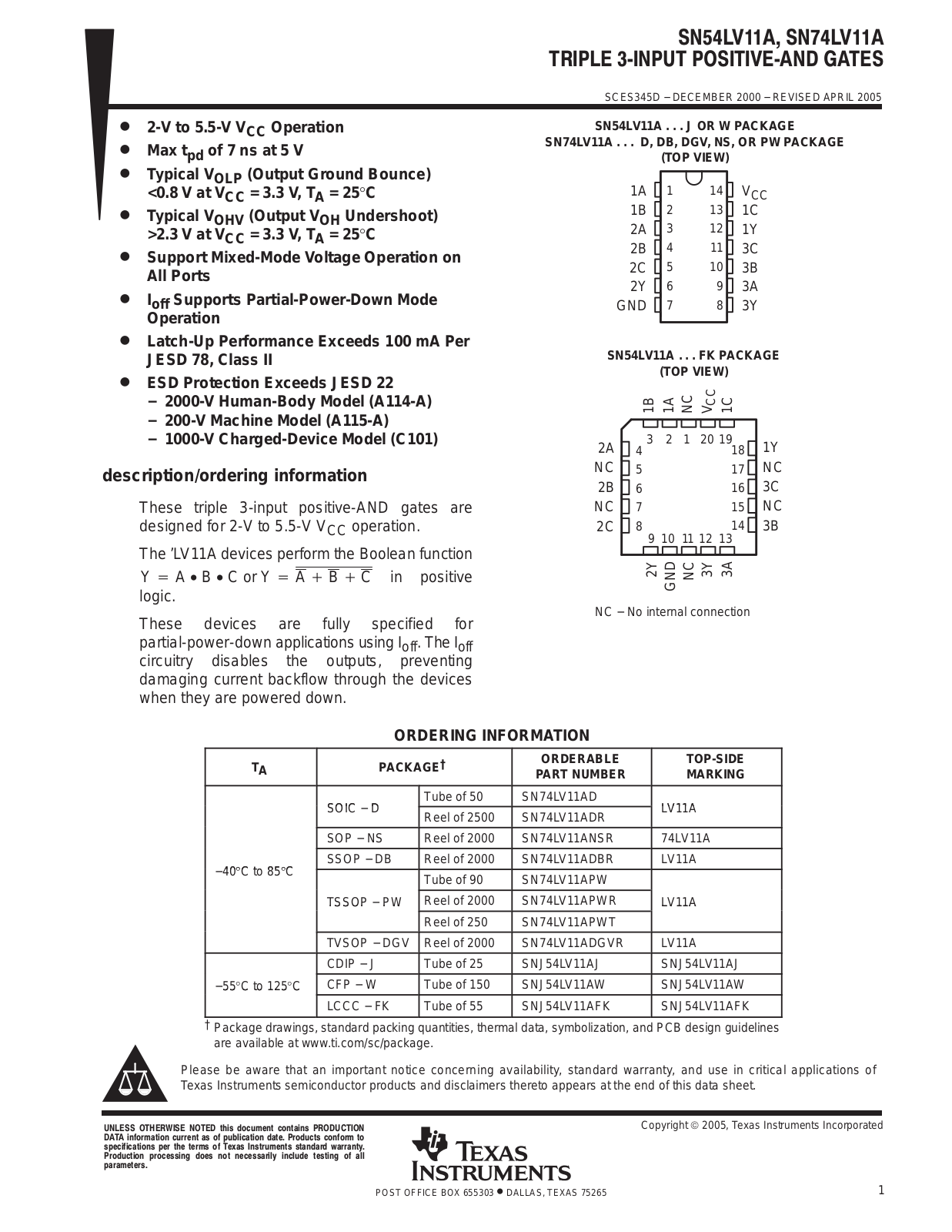 TEXAS INSTRUMENTS SN54LV11A, SN74LV11A Technical data