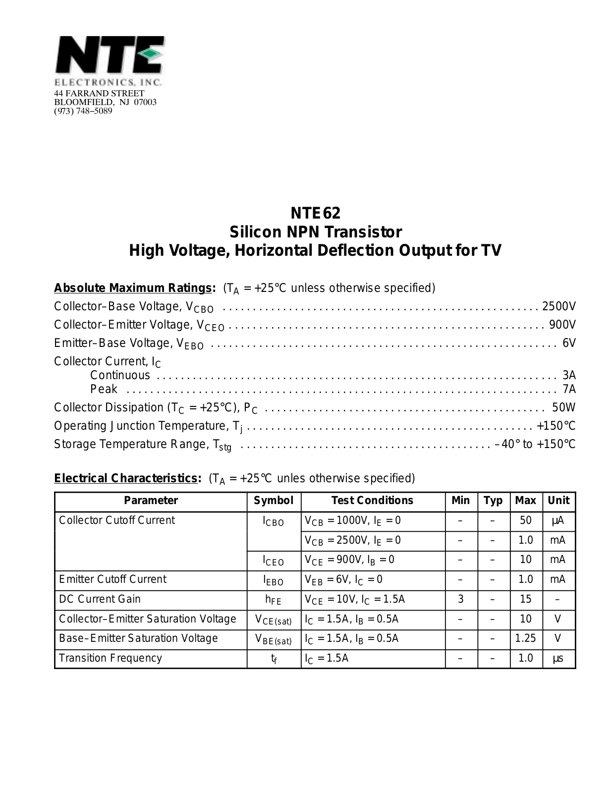 Datasheet NTE62 Specification - ManualMachine.com