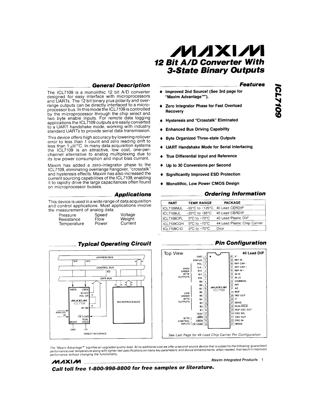 Maxim Integrated Producs ICL7109CD, ICL7109CPL, ICL7109CQH, ICL7109IJL, ICL7109MJL Datasheet