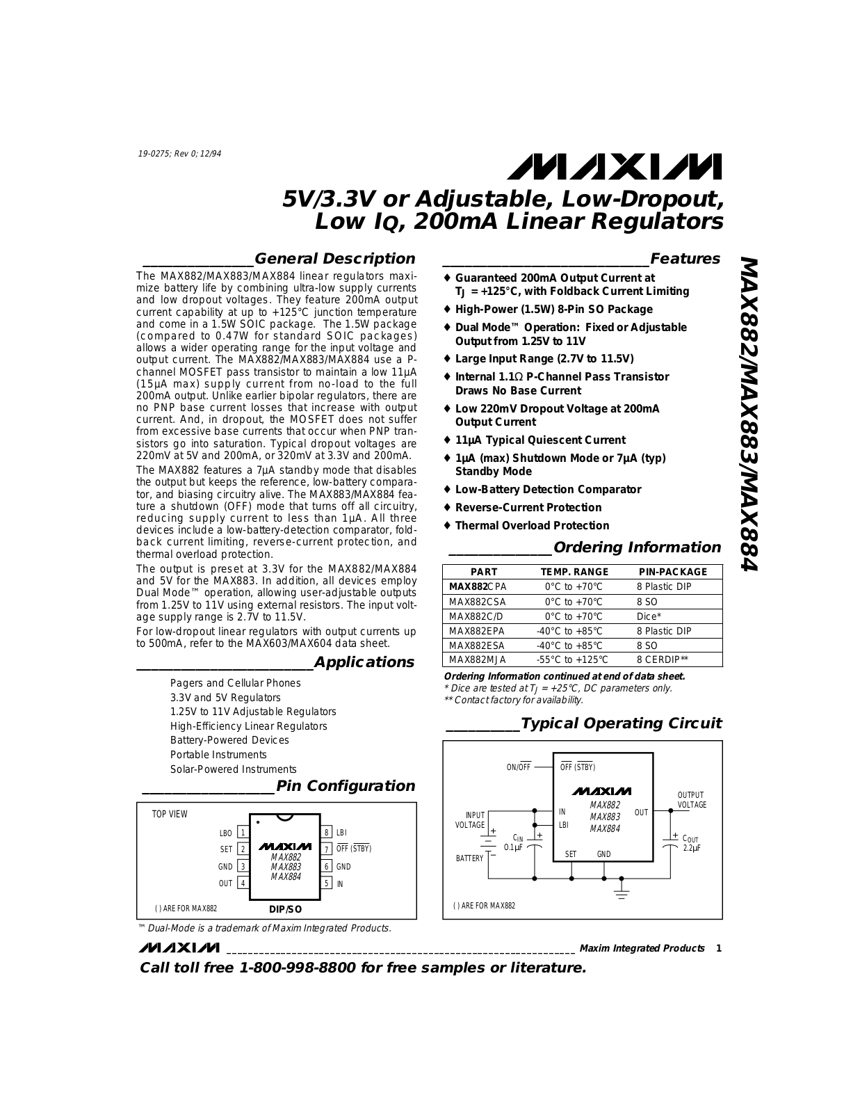 Maxim MAX883MJA, MAX883ESA, MAX883EPA, MAX883CSA, MAX884MJA Datasheet