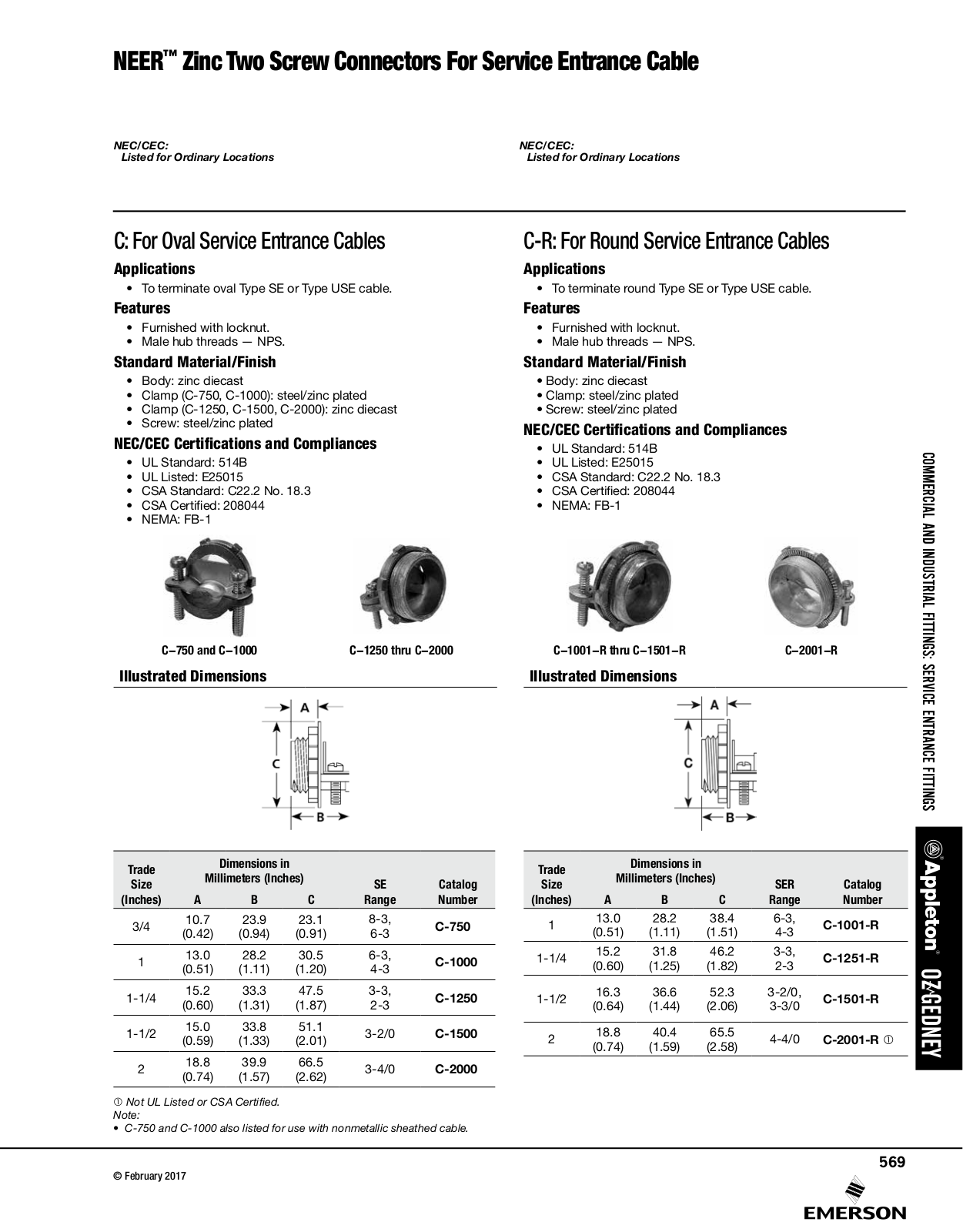 Appleton NEER™ Zinc Two Screw Connectors For Service Entrance Cable Catalog Page