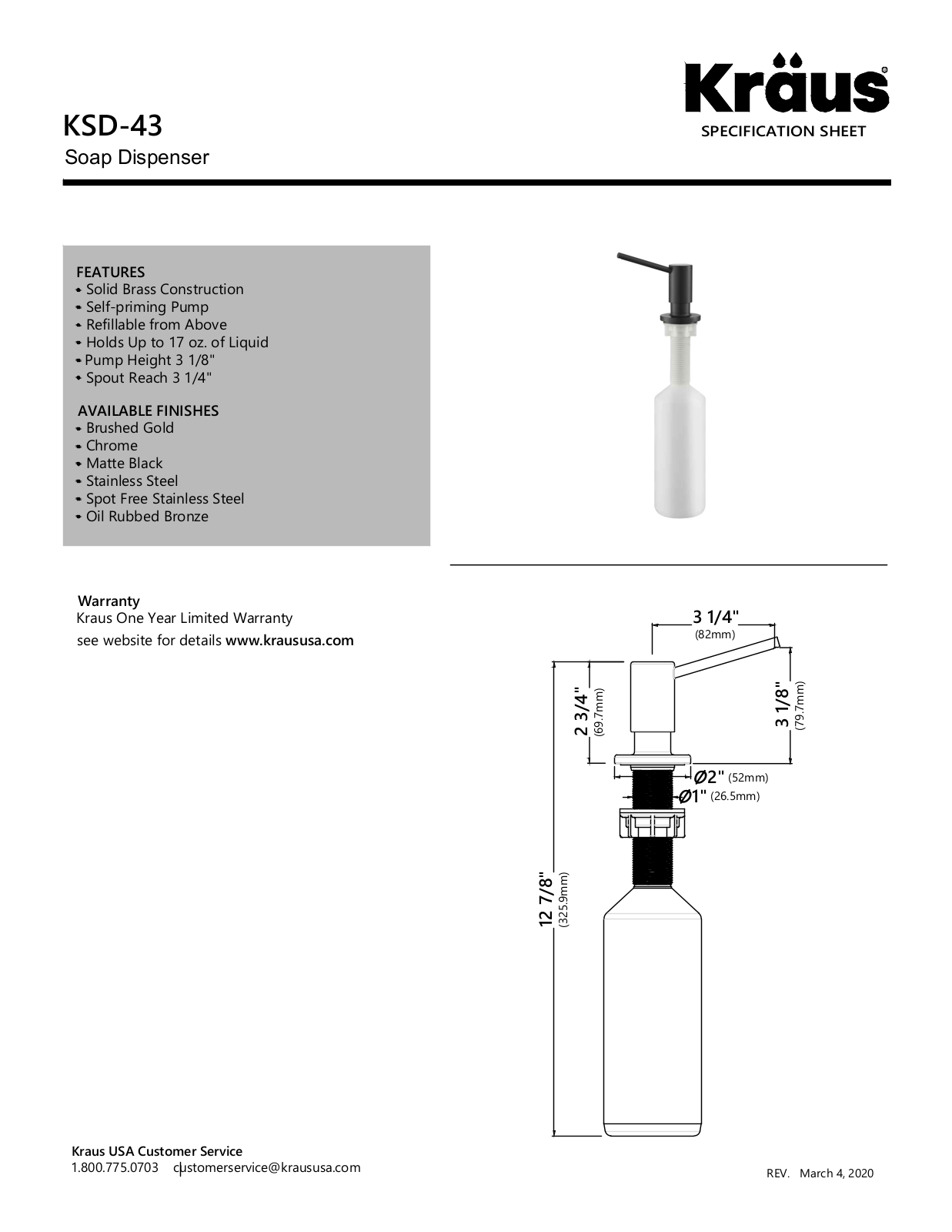 Kraus KSD43BG Specs