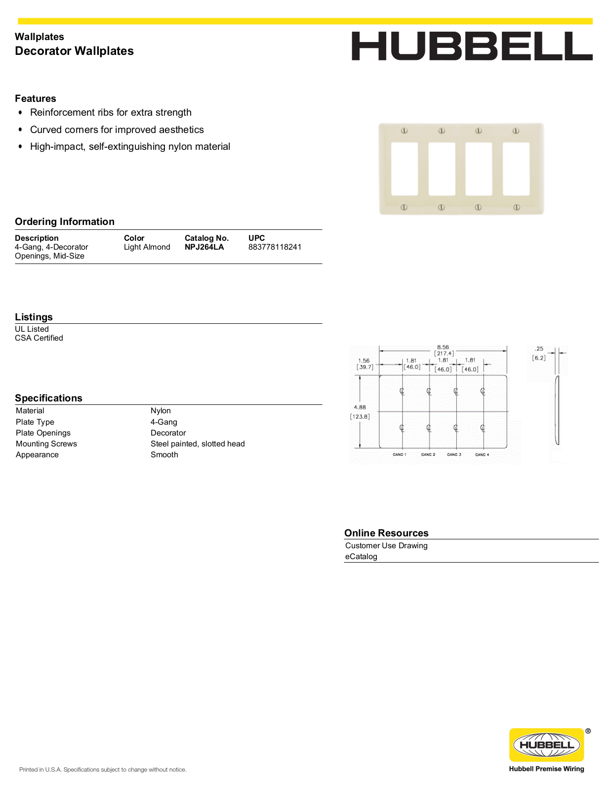 Hubbell NPJ264LA Specifications