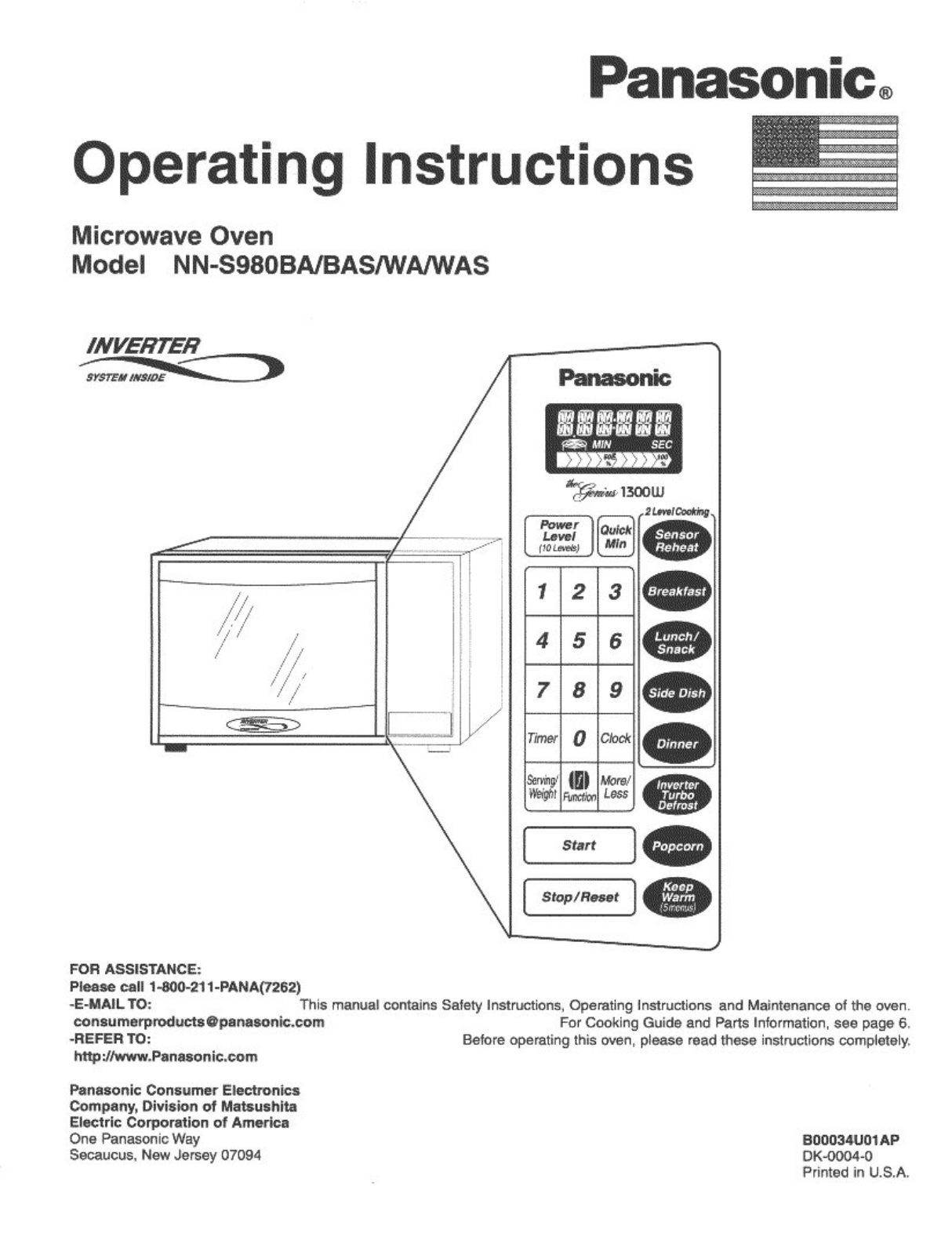 Panasonic Nn-s980ba, Nn-s980bas, Nn-s980wa, Nn-s980was Owner's Manual