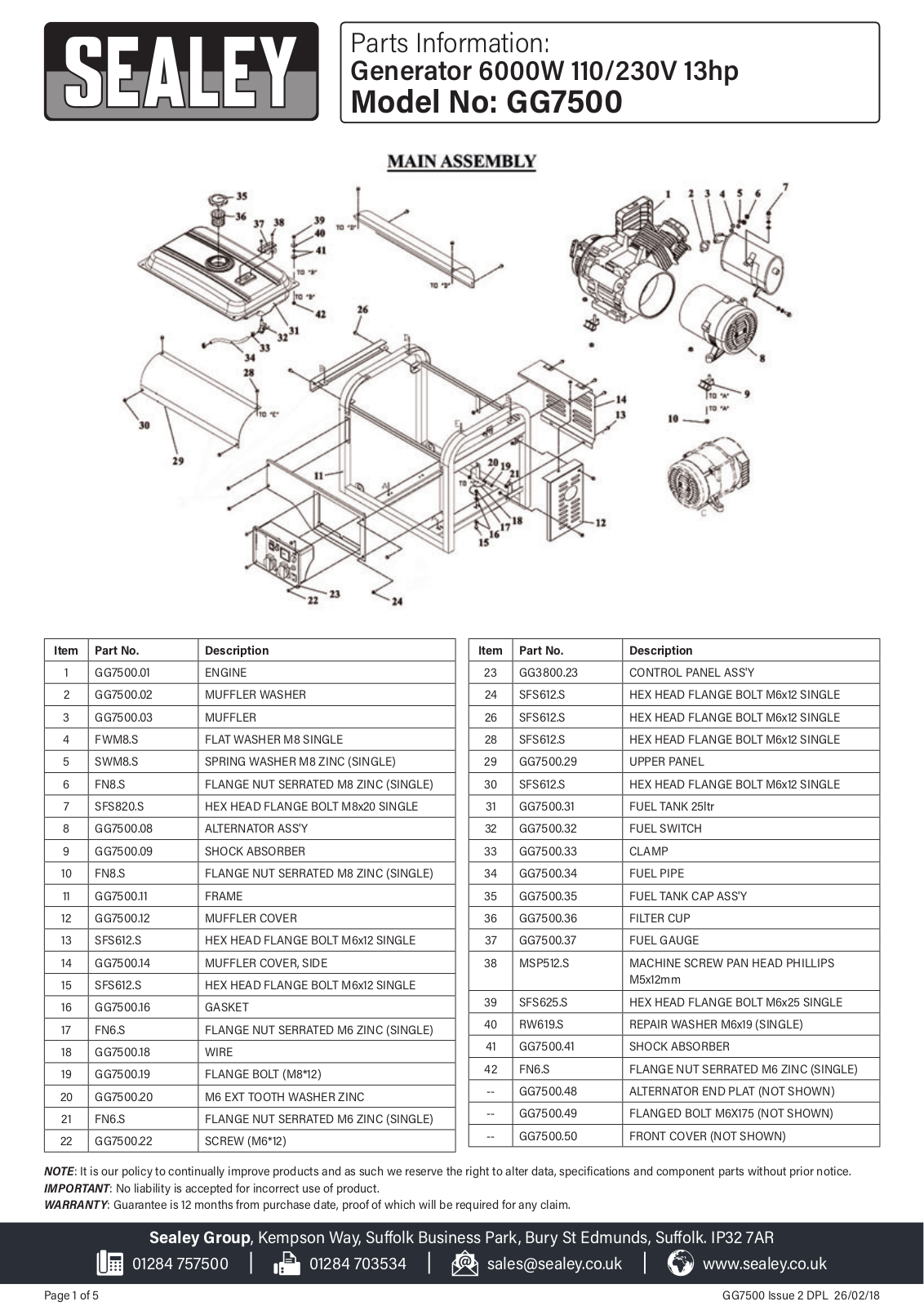 Sealey GG7500 Parts Listing