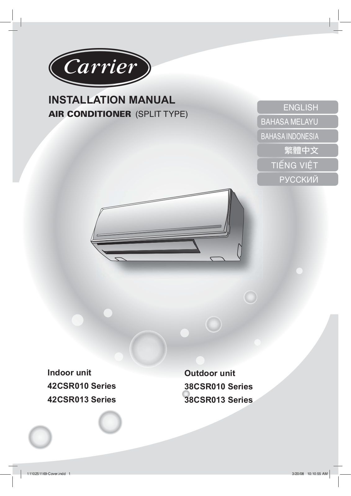 Carrier 42CSR010-703R / 38CSR010-703R Air Conditioner user guide manual