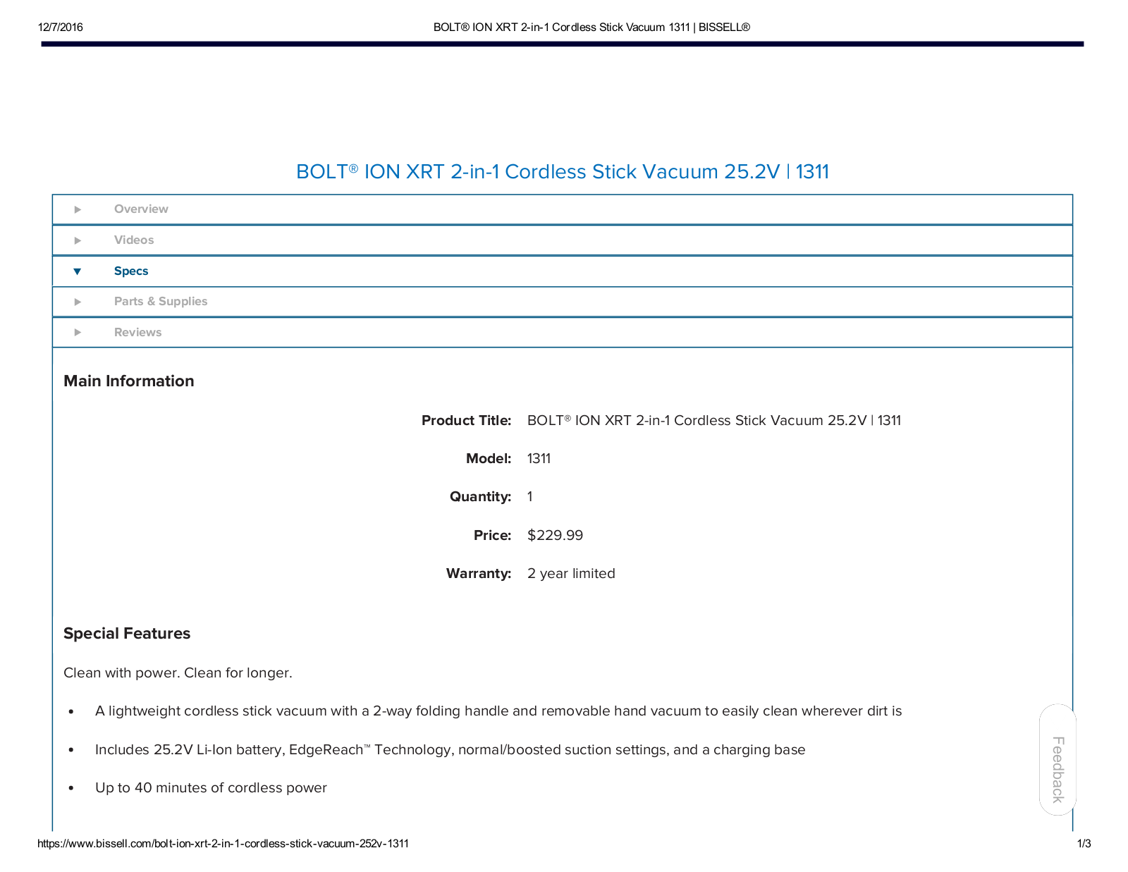 Bissell 1971F Specifications Sheet