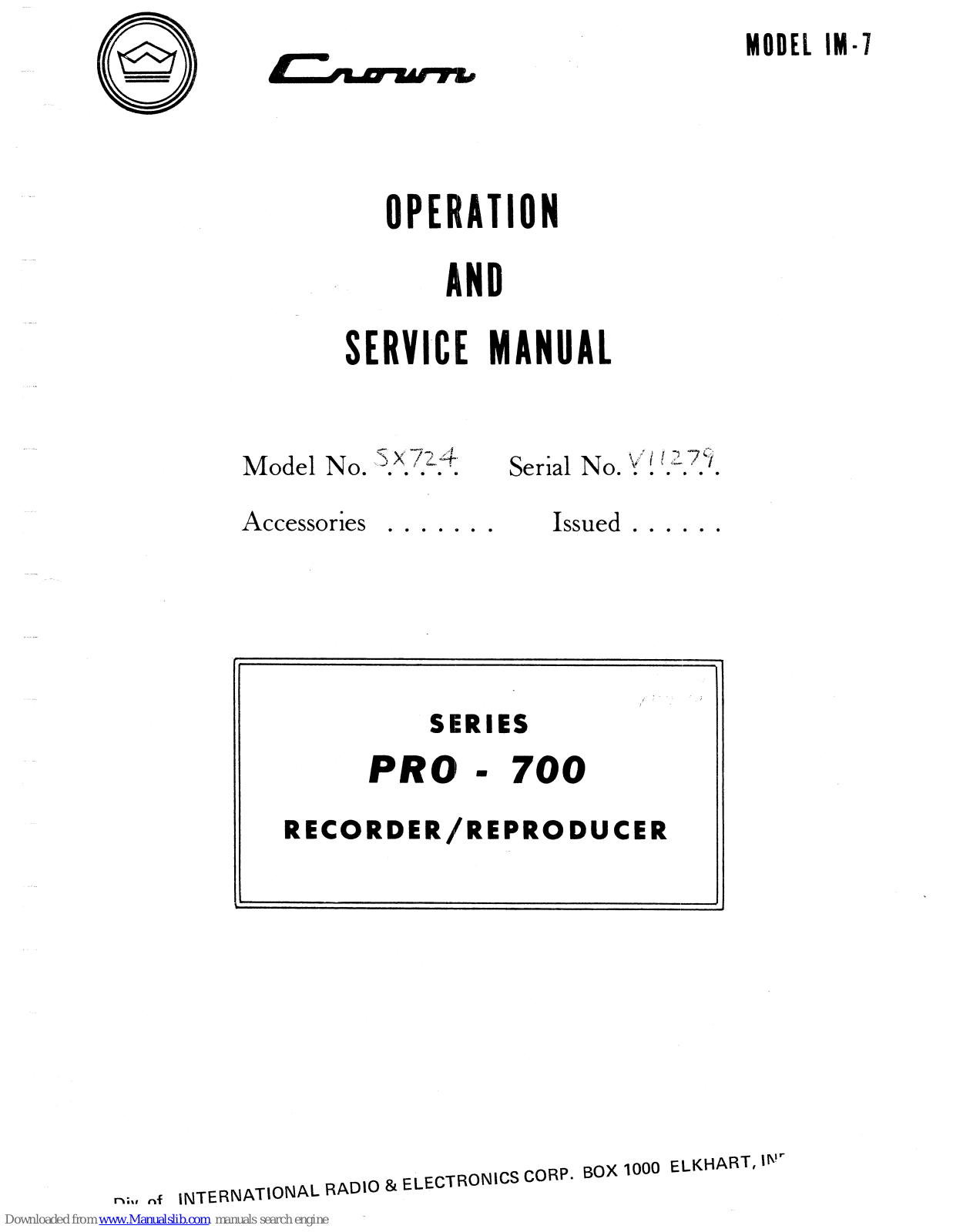 Crown Pro-700 SX724 Operation And Service Manual