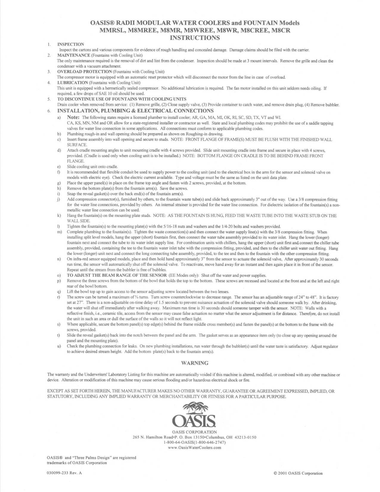 Oasis M8CR Installation  Manual