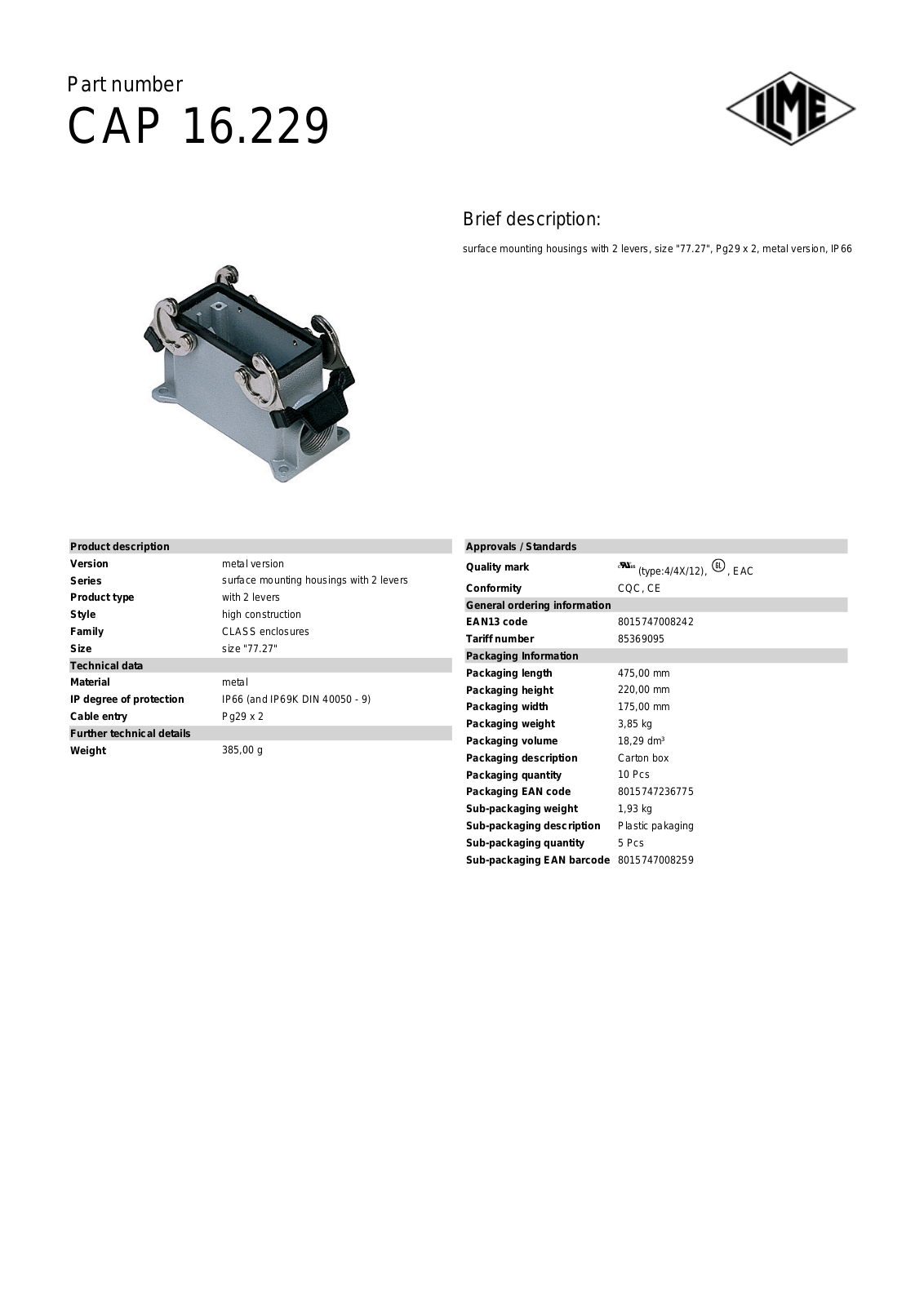 Datasheet CAP-16.229 Datasheet (ILME) - ManualMachine.com
