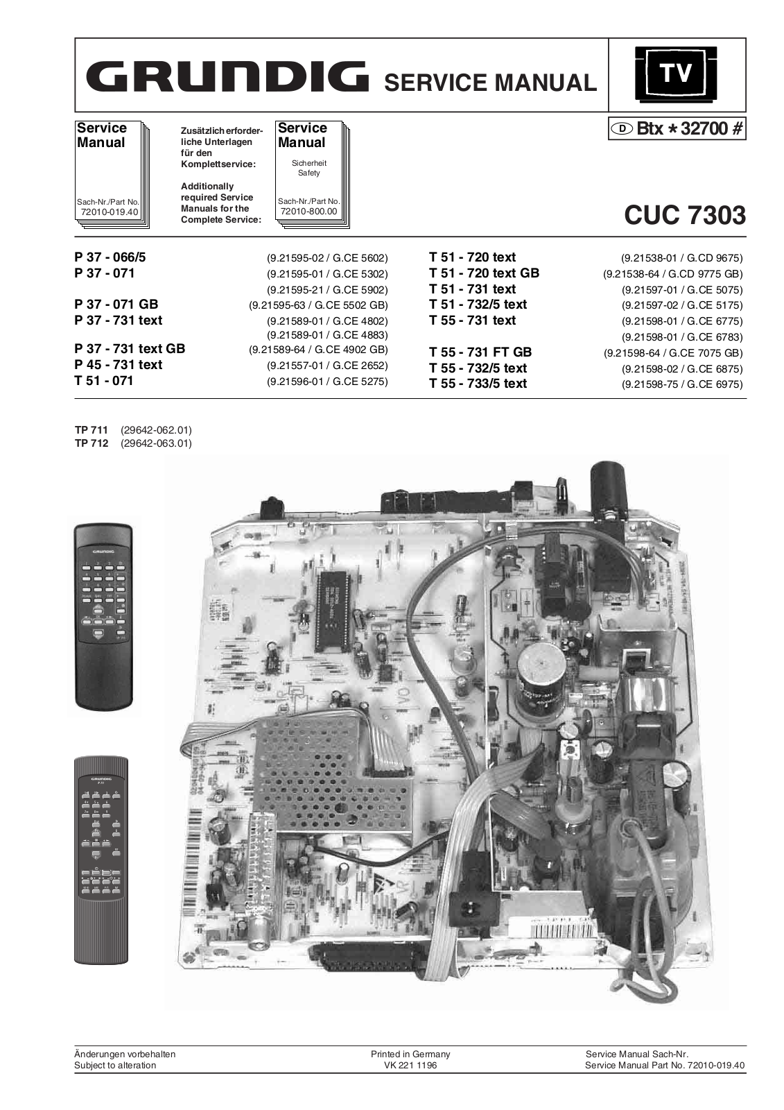 Grundig T 51 - 071, P 37 - 066-5, P 37 - 071 GB, T 55 - 731, T 55 - 733-5 Service Manual