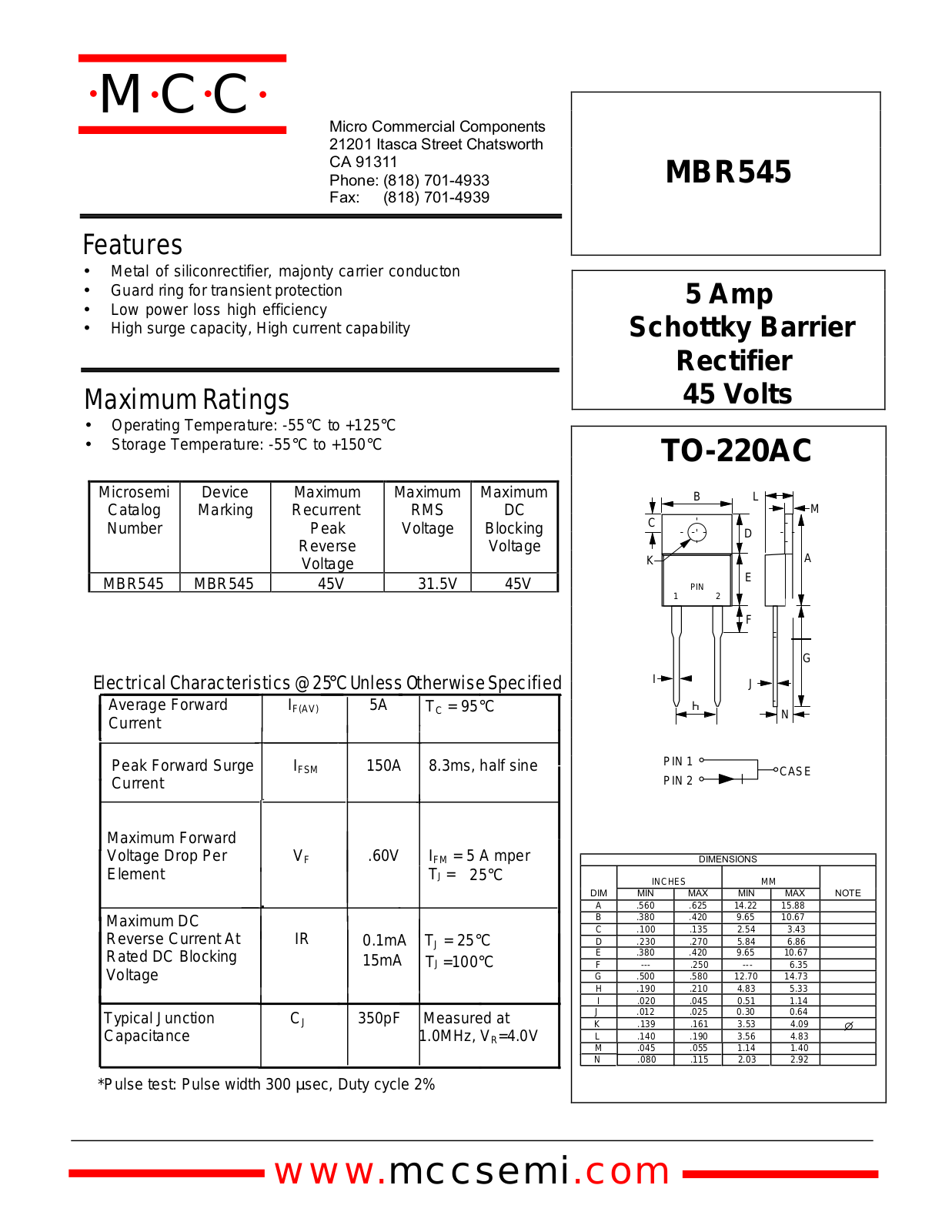 MCC MBR545 Datasheet