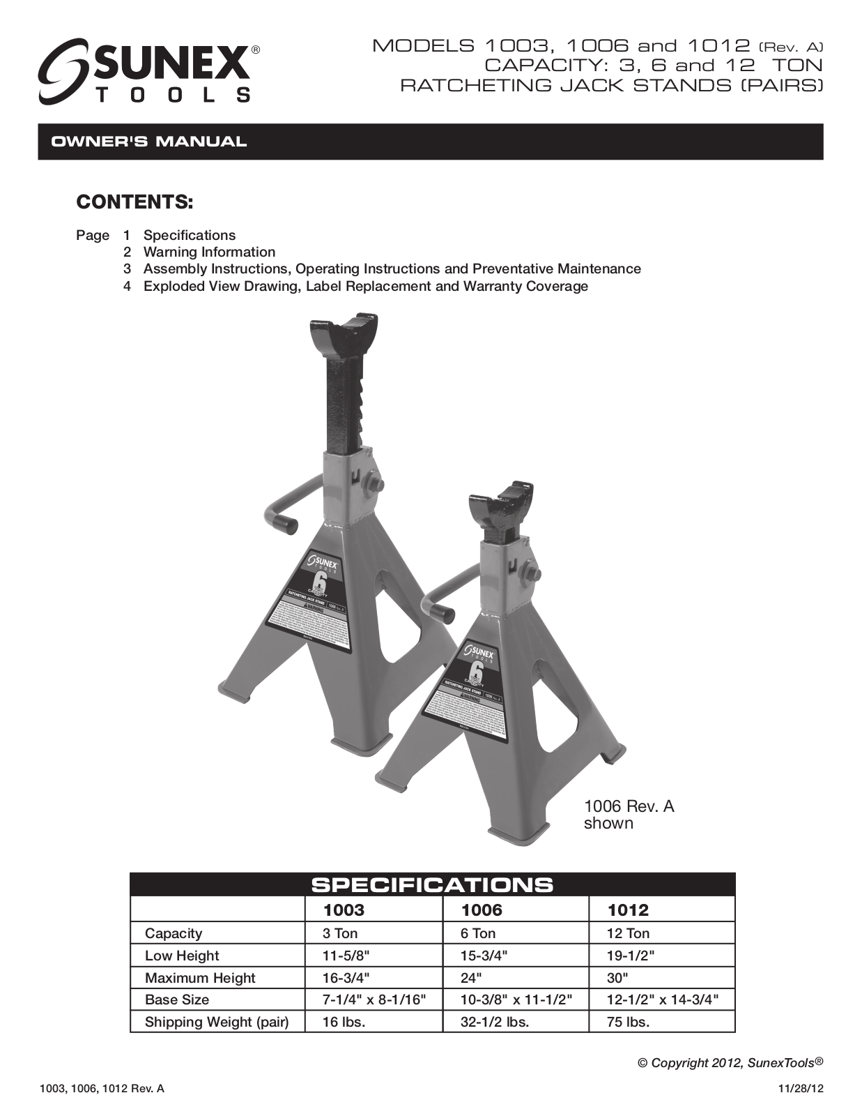 Sunex Tools 1012 User Manual