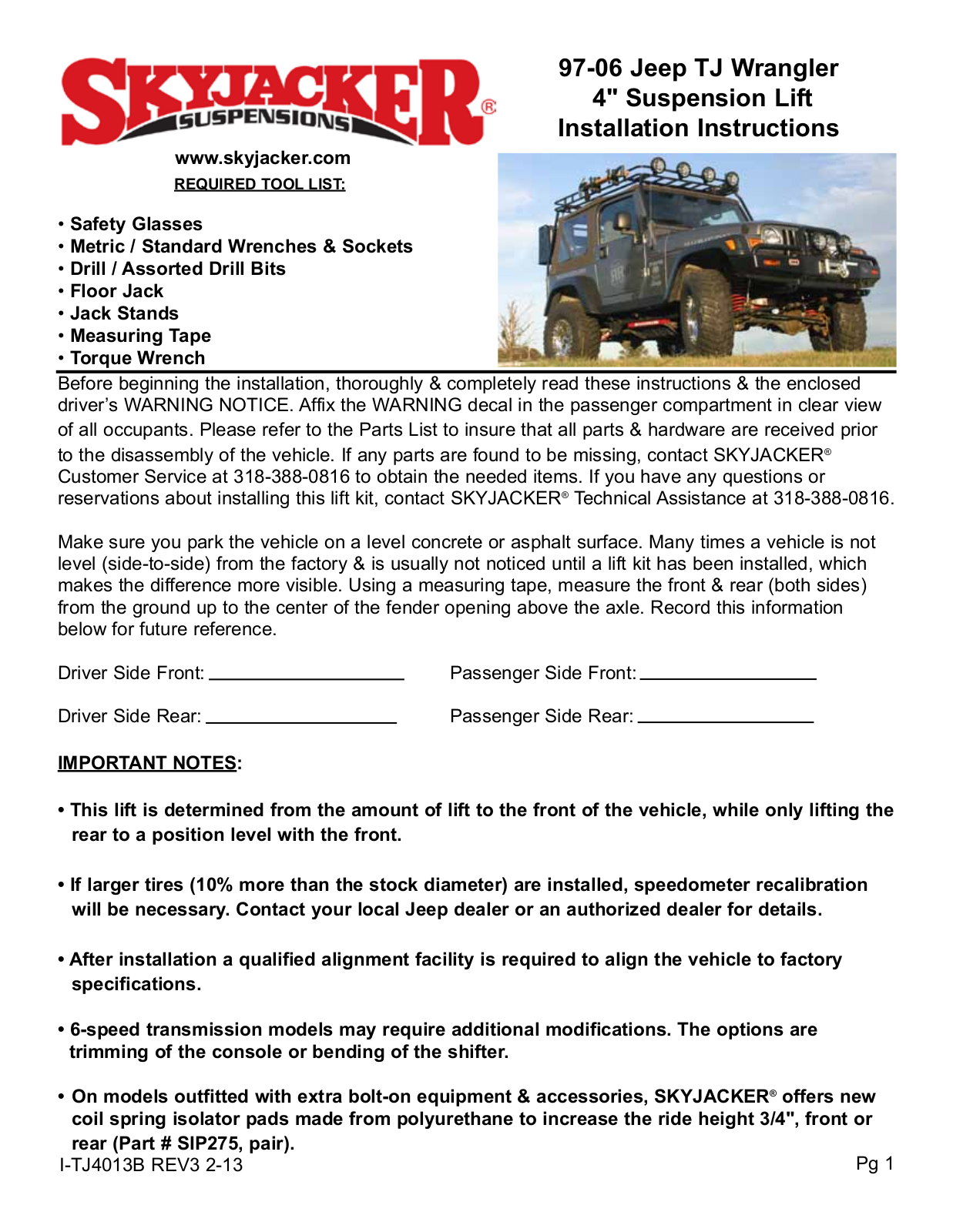 Skyjacker TJ403BPM User Manual - ManualMachine.com