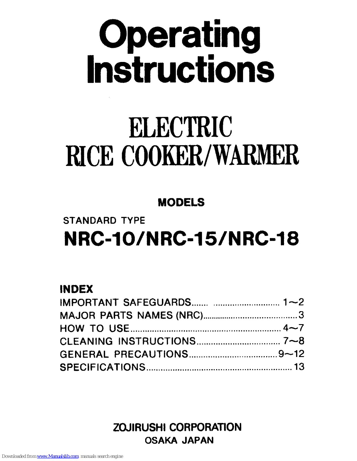 Zojirushi NRC-18, NRC-15 Operating Instructions - ManualMachine.com
