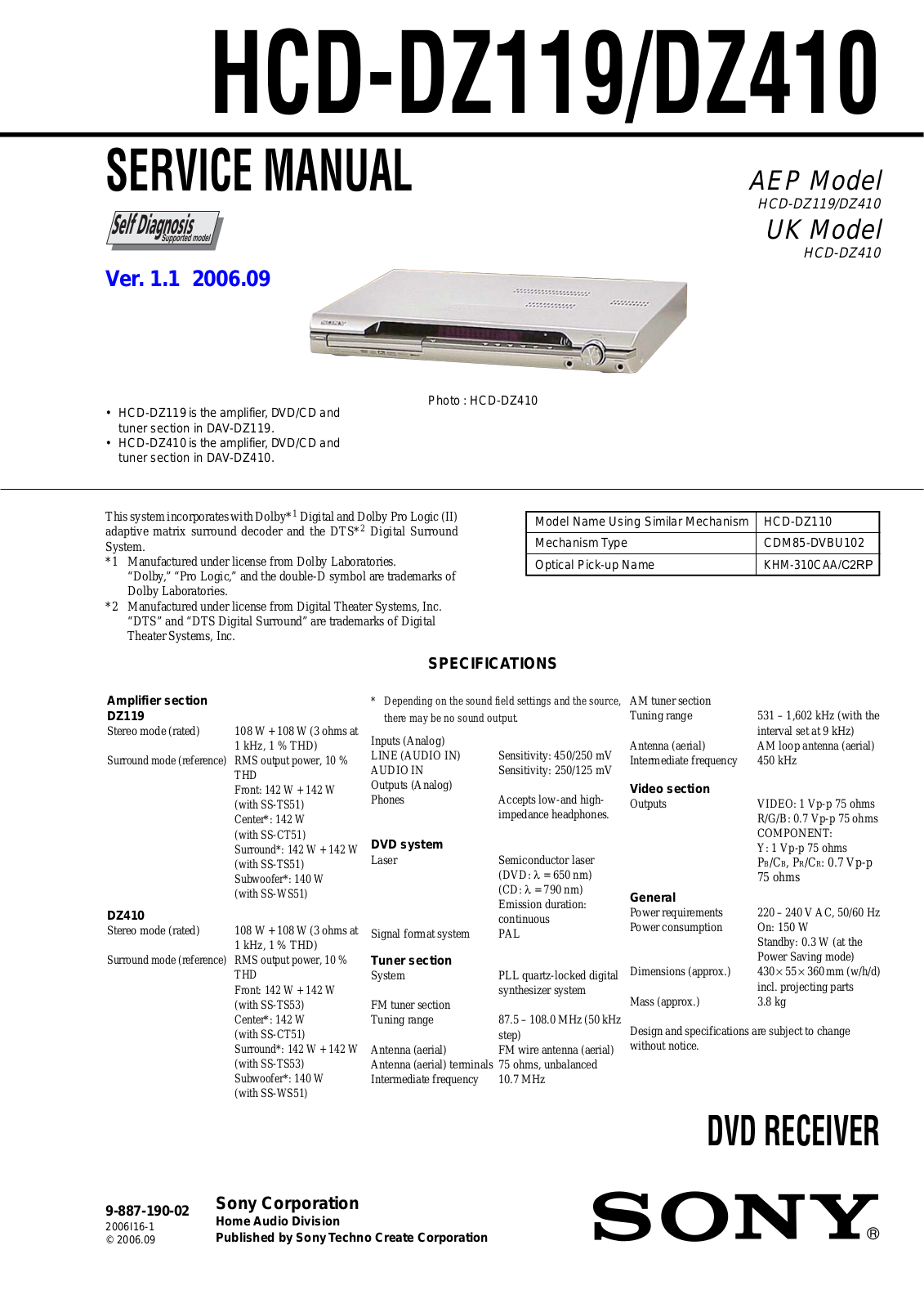 Sony HCD-DZ119, HCD-DZ410 Service Manual