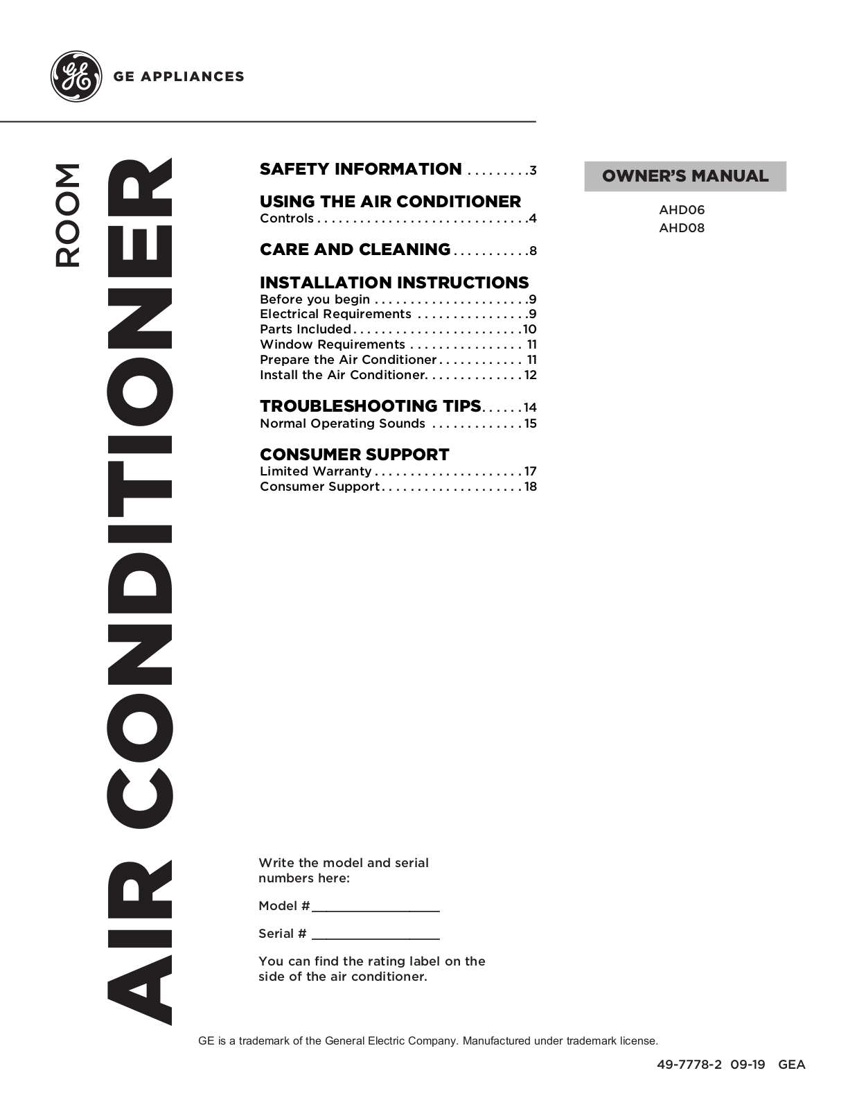 GE AHD06, AHD08 Owner’s Manual & Installation Instructions