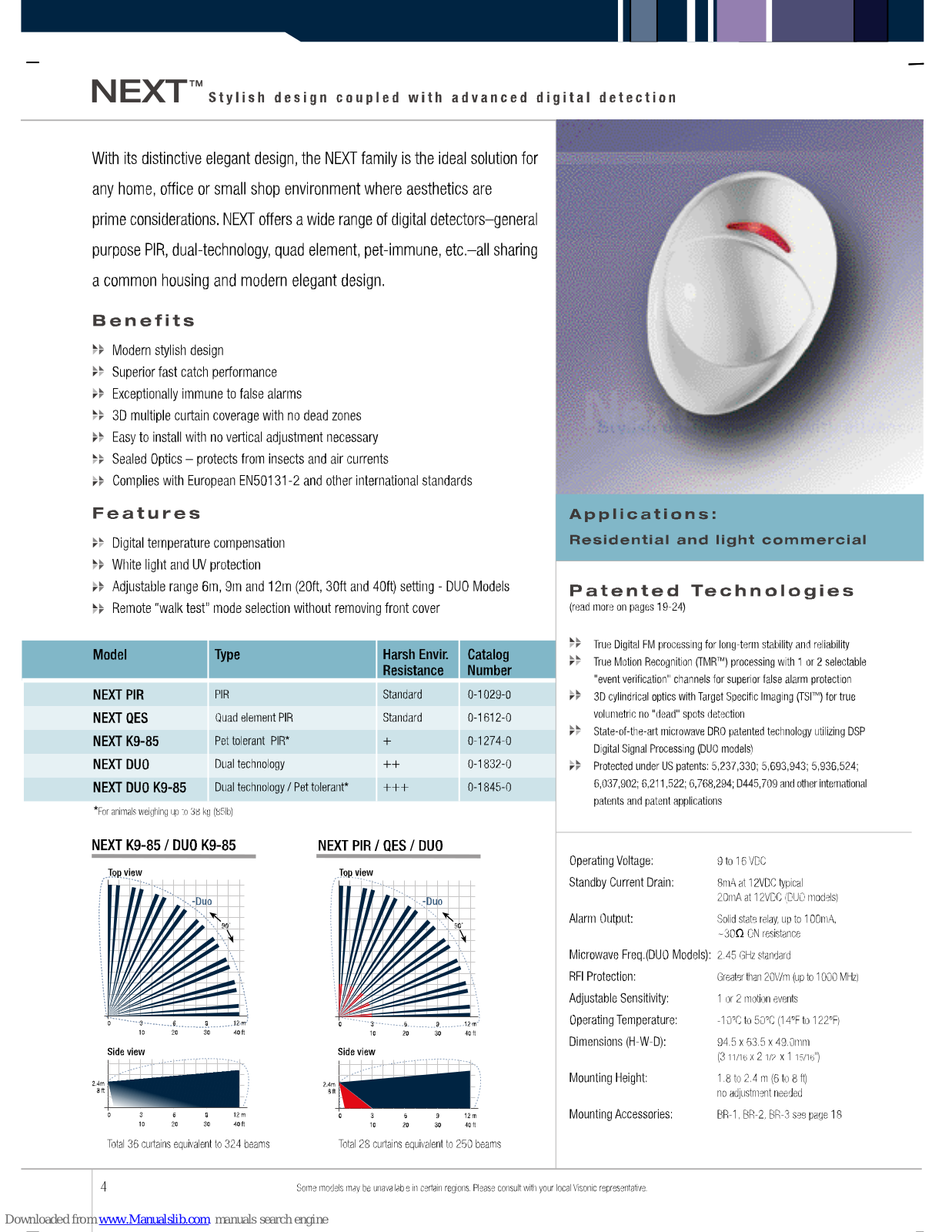 Visonic NEXT DUO, NEXT PIR, NEXT QES, NEXT K9-85, NEXT DUO K9-85 Datasheet