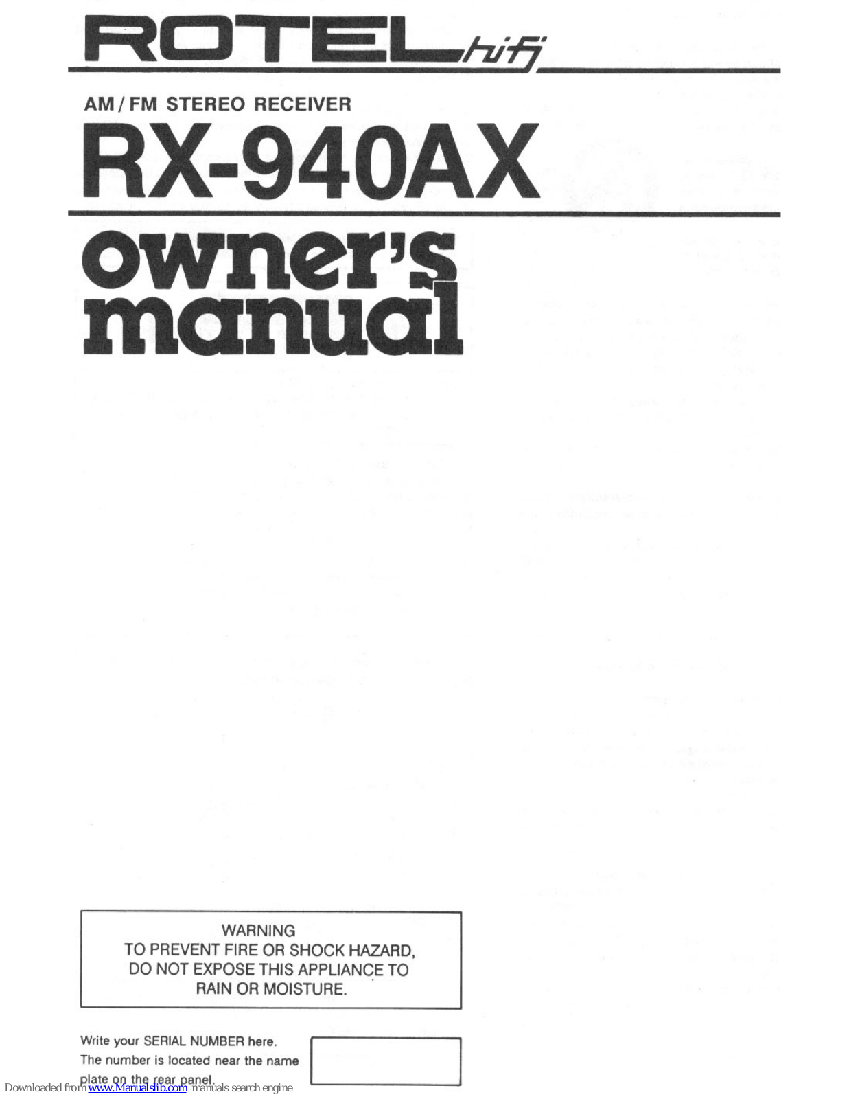 Rotel HIFI RX-940AX Owner's Manual