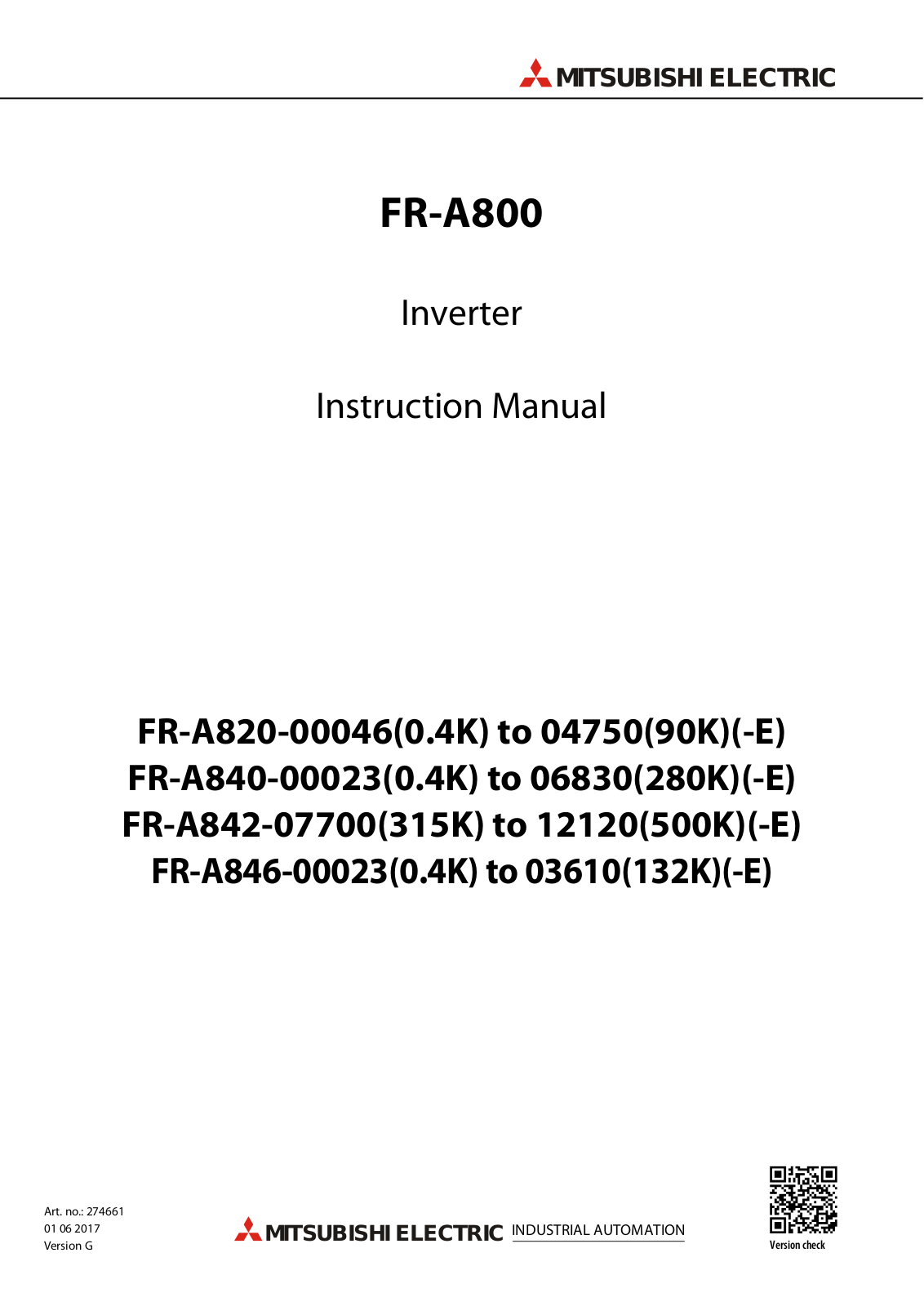 Mitsubishi Electric FR-A820-00046, FR-A820-04750, FR-A840-00023, FR-A842-12120, FR-A846-00023 Instruction Manual