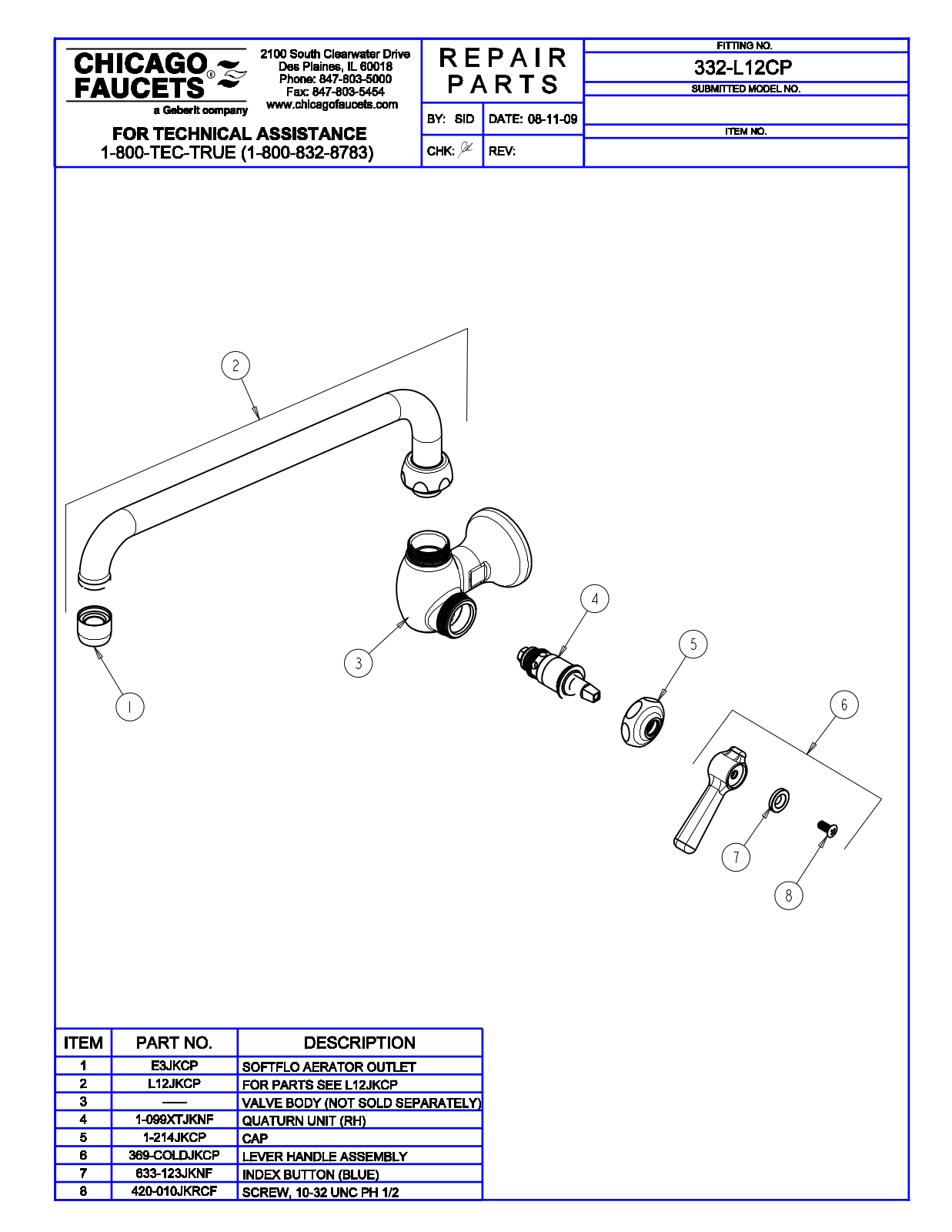 Chicago Faucet 332-L12 Parts List