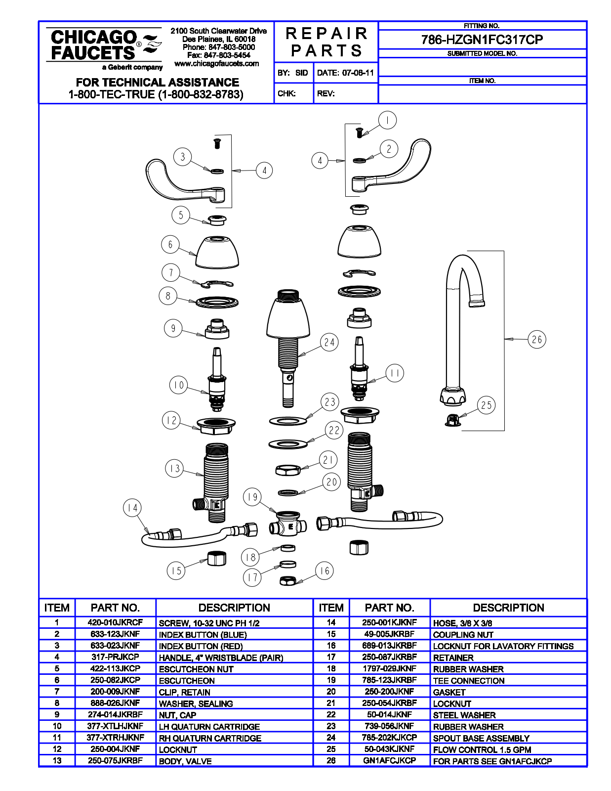 Chicago Faucet 786-HZGN1FC317 Parts List