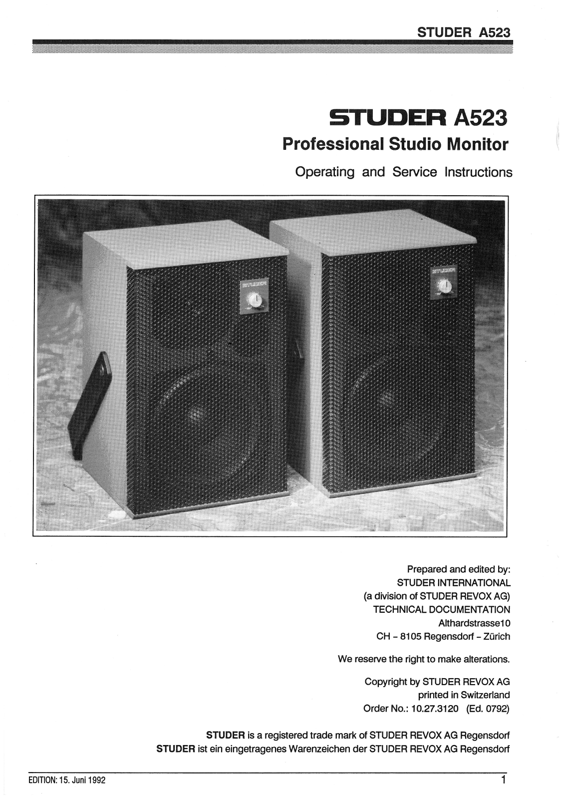 Studer A-523 Service manual