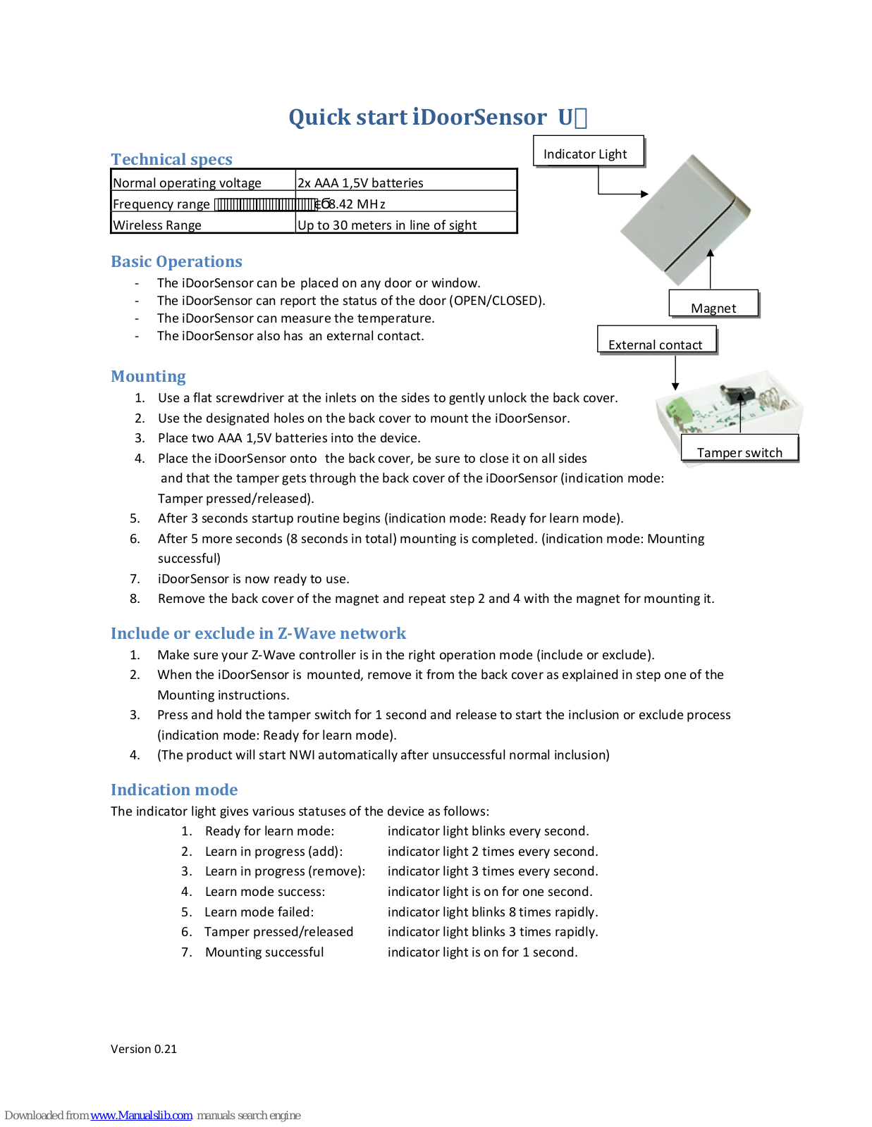 Wintop iDoorSensor Quick Start Manual - ManualMachine.com