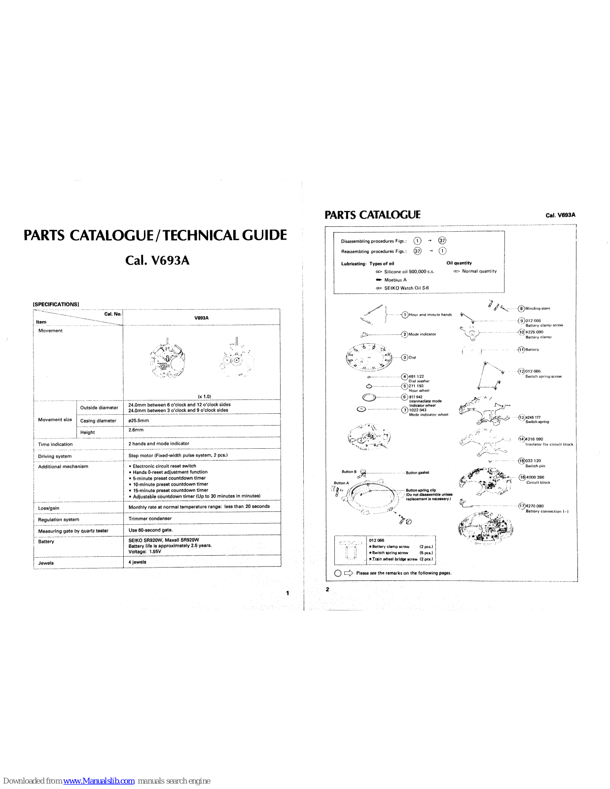 Seiko V693A Parts Catalogue /technical Manual