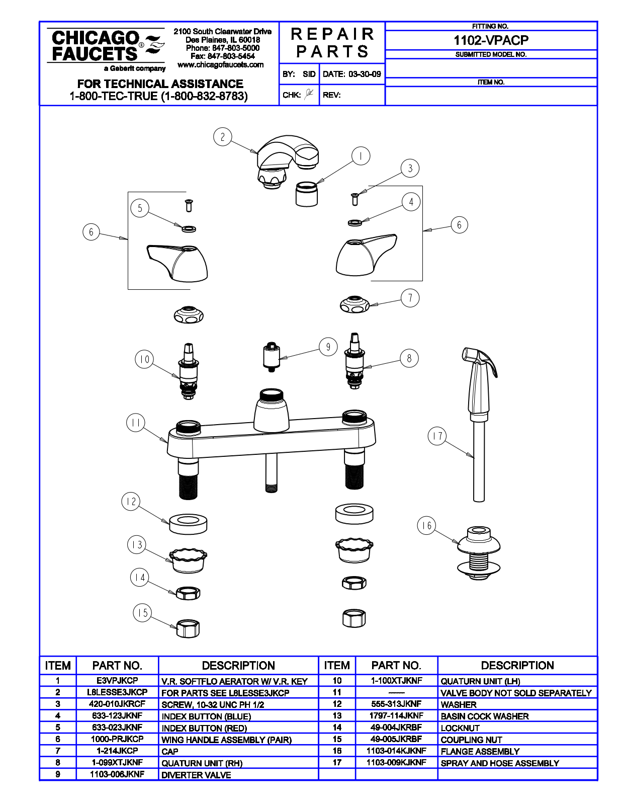 Chicago Faucet 1102-VPA Parts List