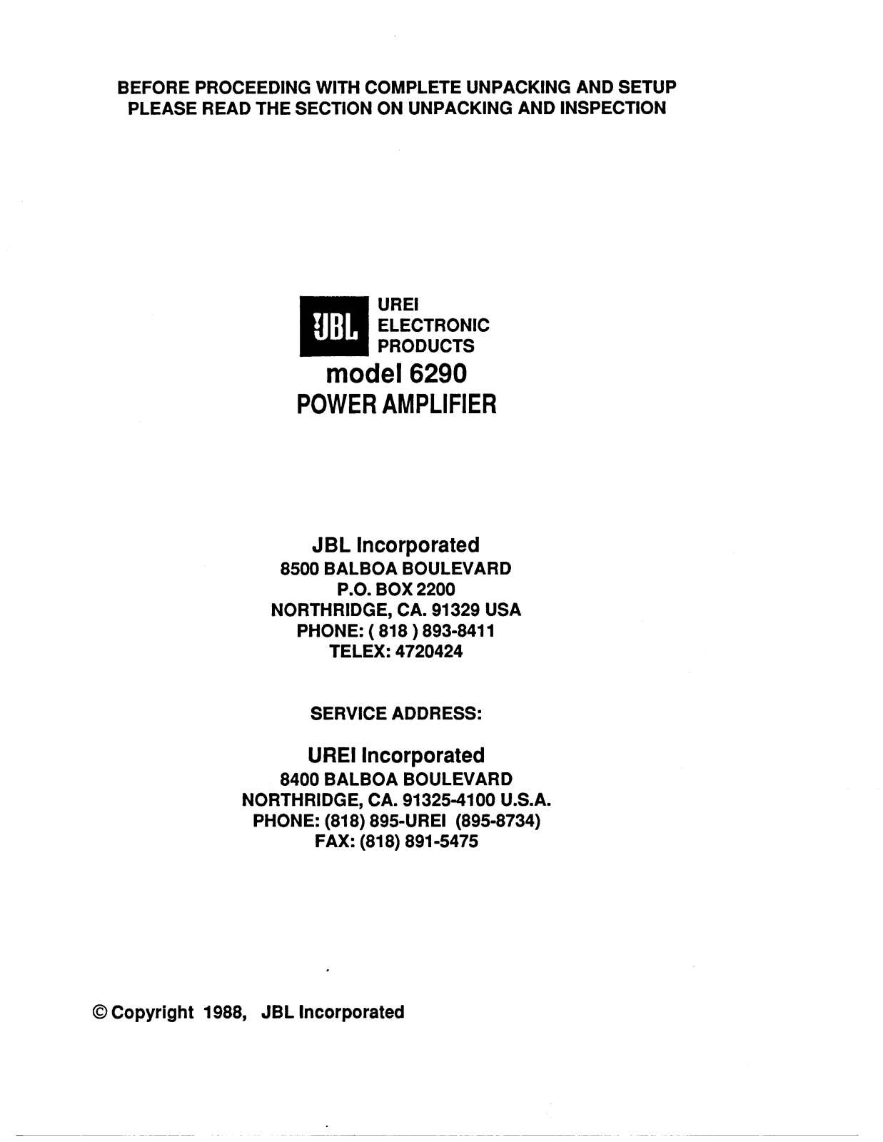 JBL JBL 6290 User Manual