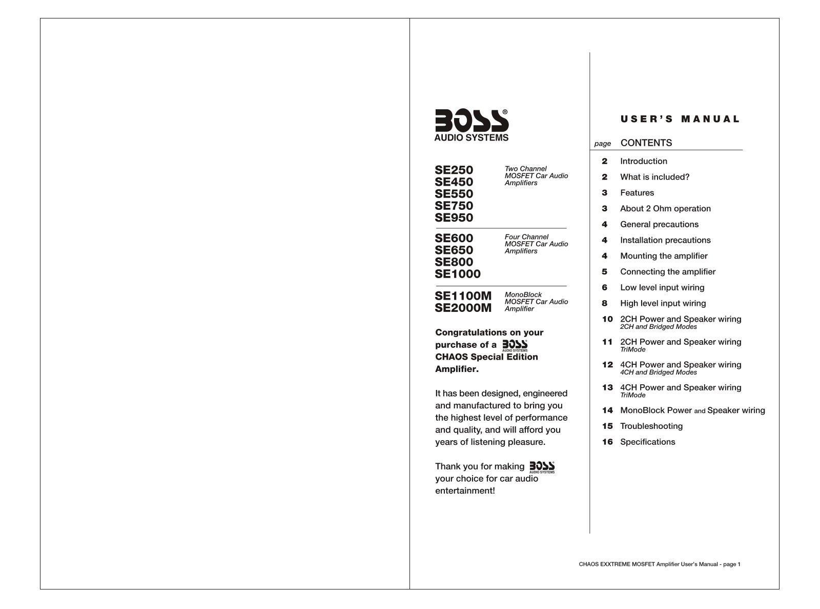 Boss Audio CHAOS SE1000, CHAOS SE1100M, CHAOS SE2000M, CHAOS SE250, CHAOS SE450 User Manual