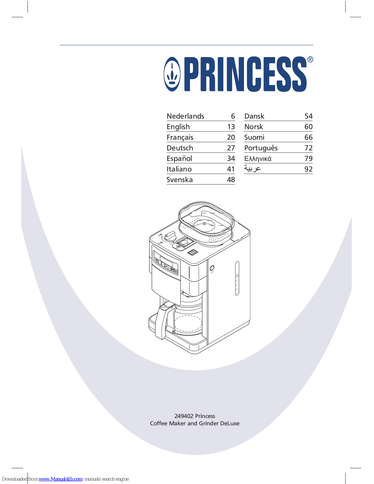 Princess Coffee Maker and Grinder DeLuxe, 249402 User Manual