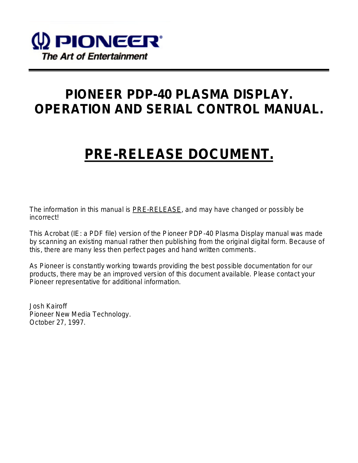 Pioneer PDP-40 User Manual