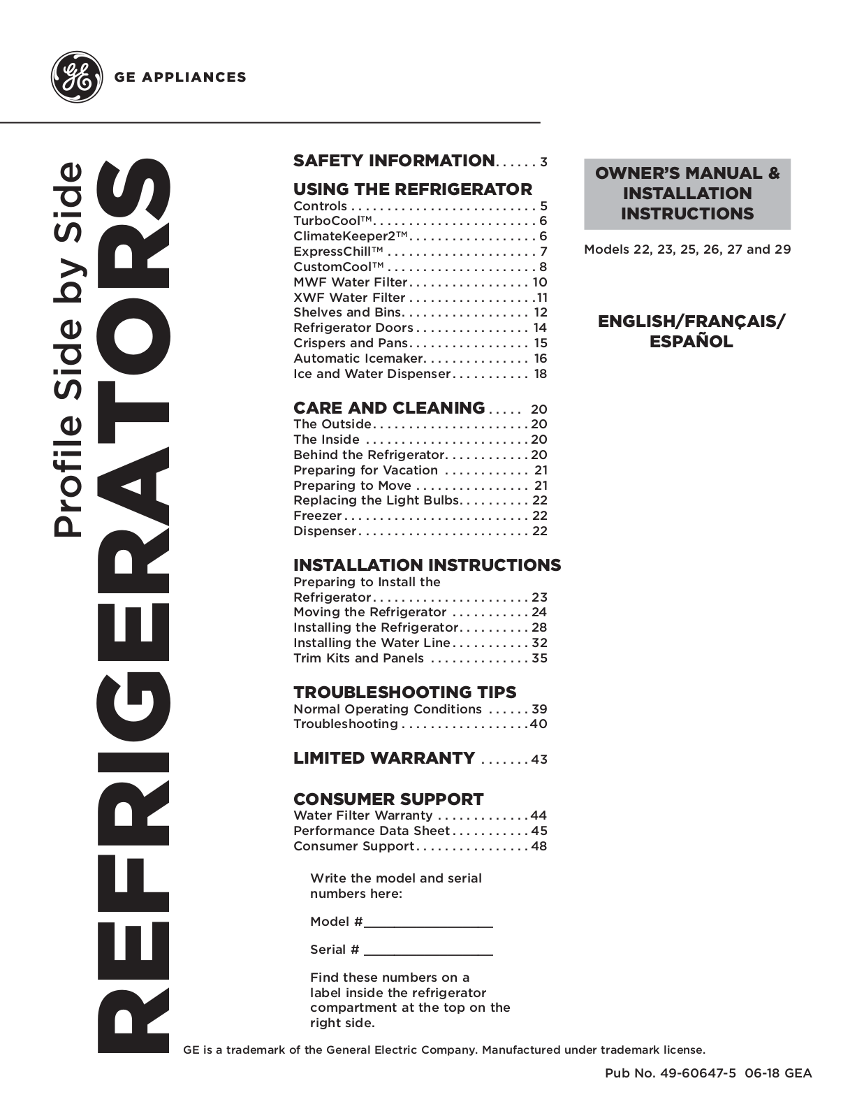 General Electric PSE25KSHSS Use & Care